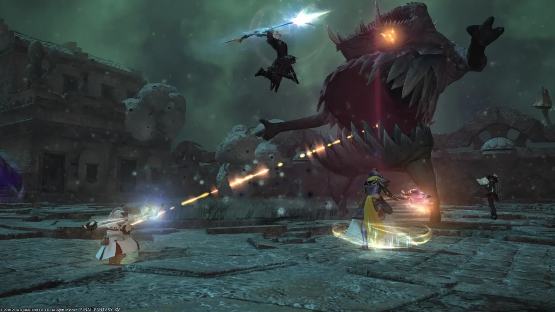 Final Fantasy XIV players attack a giant monster with spells and ranged attacks in a ruined arena.