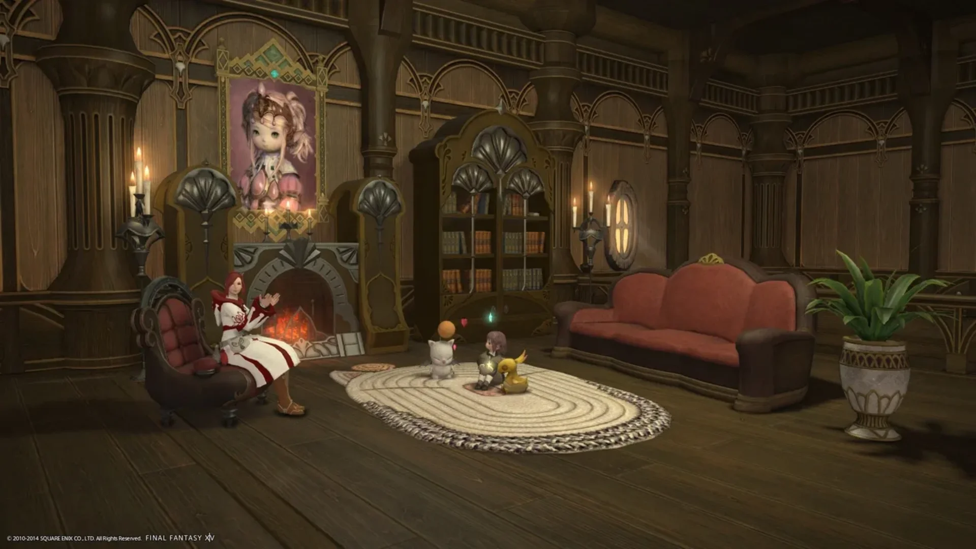 A Final Fantasy XIV character sits by a fireplace while a small character and minions gather on a rug.
