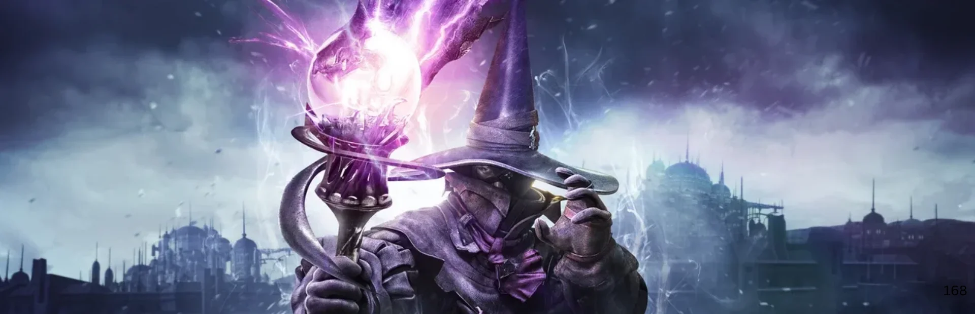 A Black Mage holds a glowing purple magical orb against a city backdrop in Final Fantasy XIV artwork.