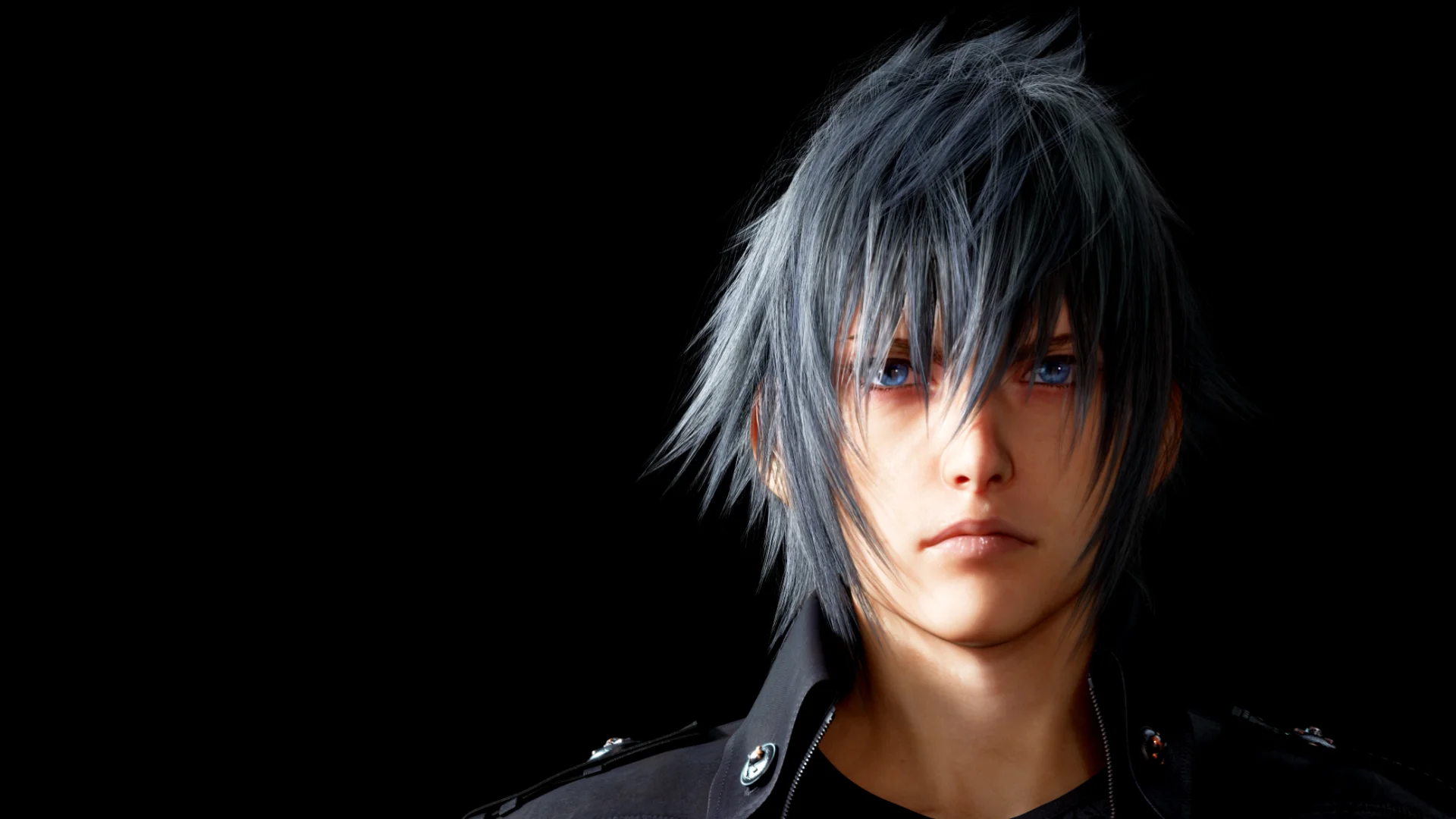Close-up portrait of Noctis Lucis Caelum with dark hair and blue eyes against a black background in Final Fantasy XV.