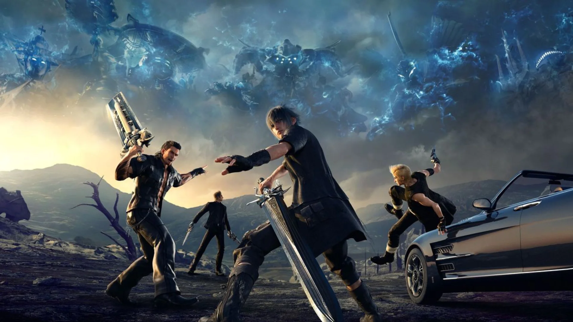 Noctis stands with Gladiolus, Ignis, and Prompto as spectral enemies loom behind them in Final Fantasy XV artwork.