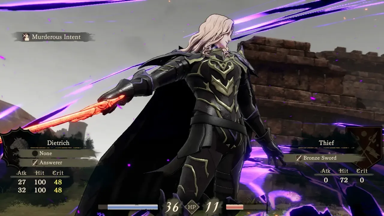 Dietrich draws a glowing red sword as purple energy surrounds him during combat in Fire Emblem: Fortune’s Weave.