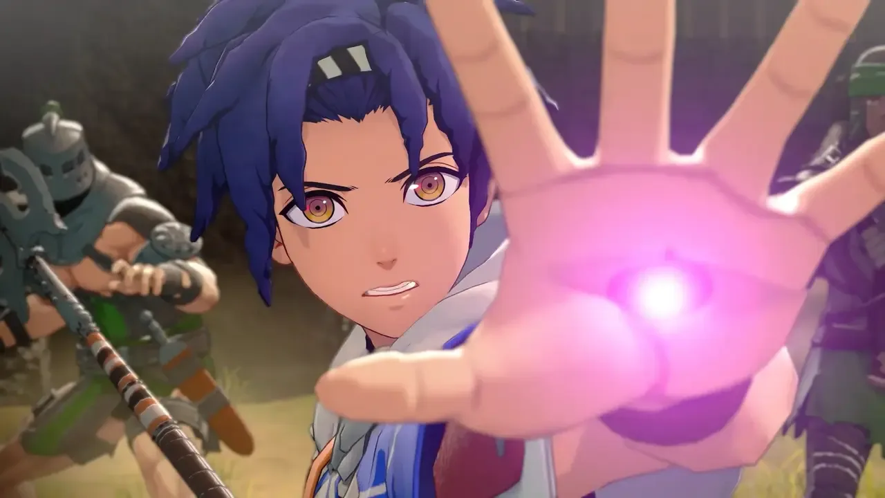 A blue-haired character raises a hand glowing with purple magic as armed soldiers approach in Fire Emblem: Fortune’s Weave.