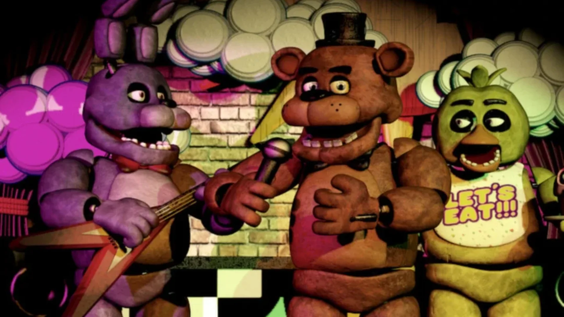 Bonnie, Freddy Fazbear, and Chica perform together on the stage at Freddy Fazbear's Pizza.