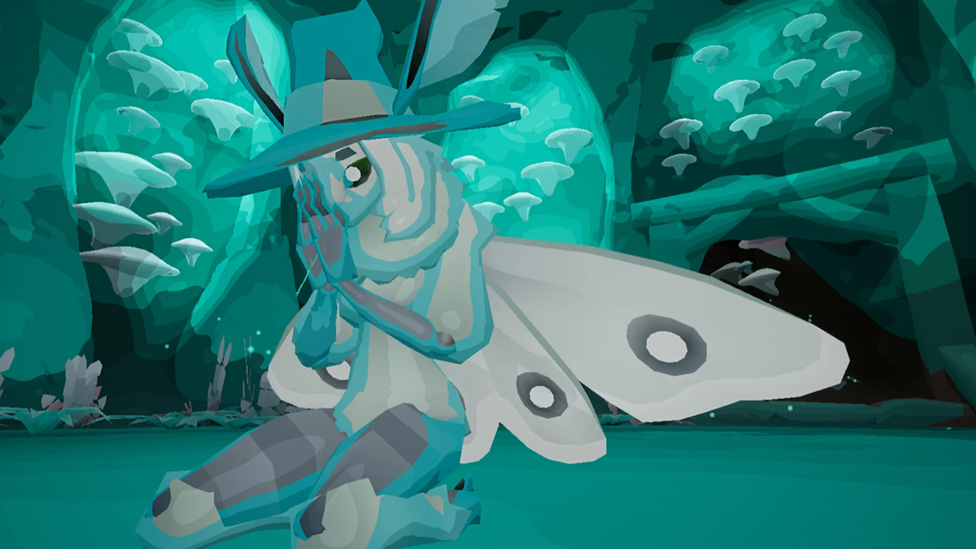 FlyKnight moth-like knight wearing a wide-brimmed hat sits inside a glowing turquoise mushroom cave.