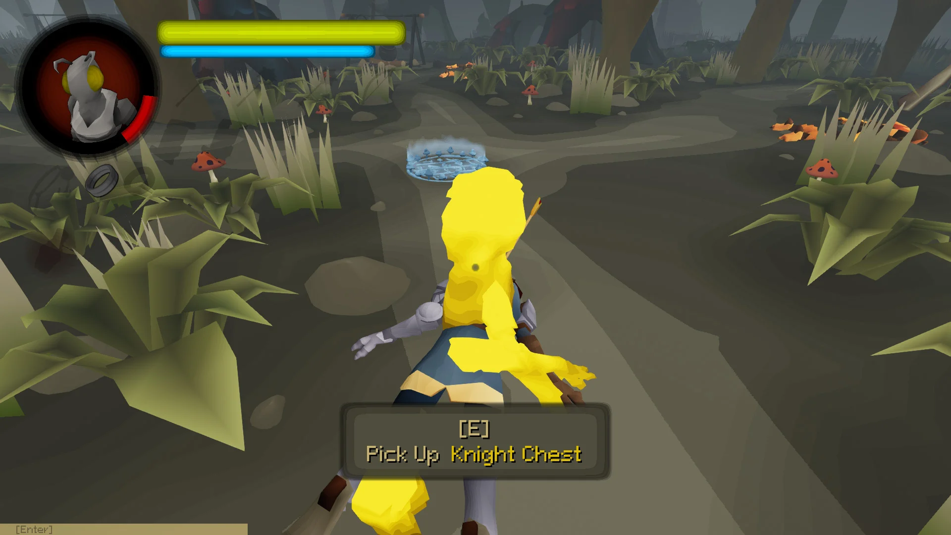 FlyKnight gameplay shows a character highlighted in yellow beside a prompt to pick up a Knight Chest.
