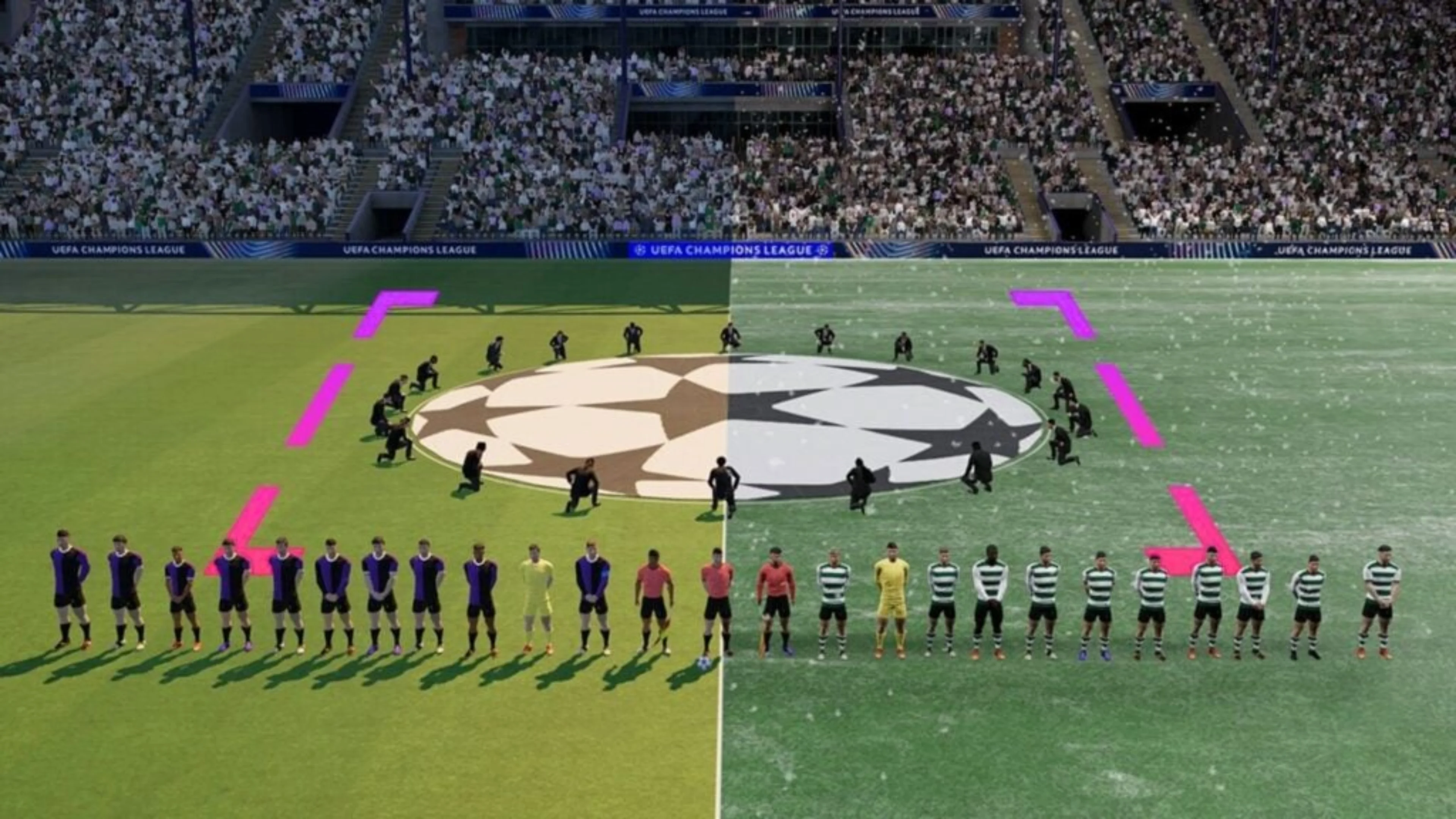 Two football teams line up beside the UEFA Champions League center-circle logo in Football Manager 27, with contrasting weather across the pitch.