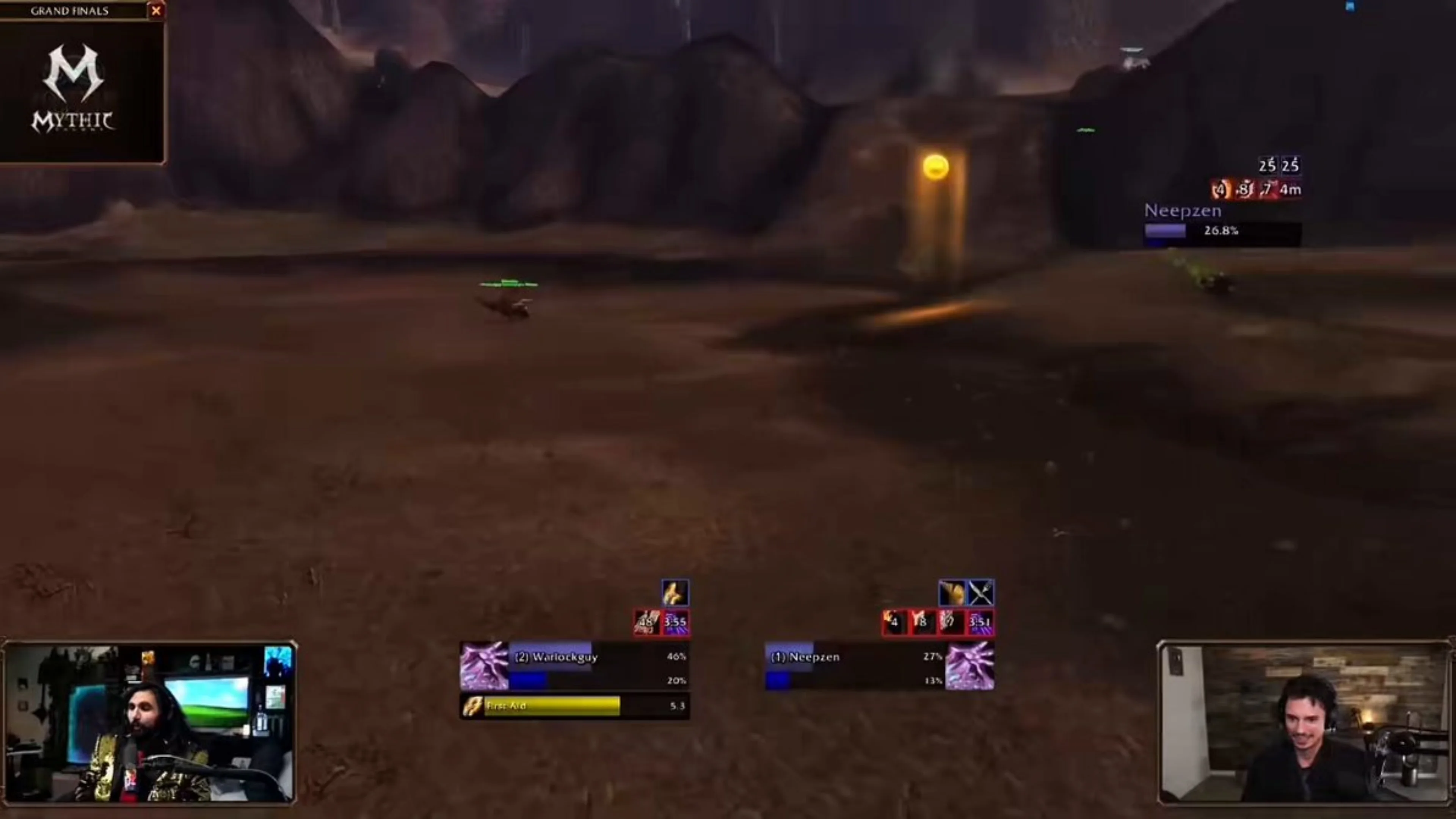 WoW Forever Open grand final gameplay showing Warlockguy facing Neepzen, with health bars, tournament graphics and livestream webcams.