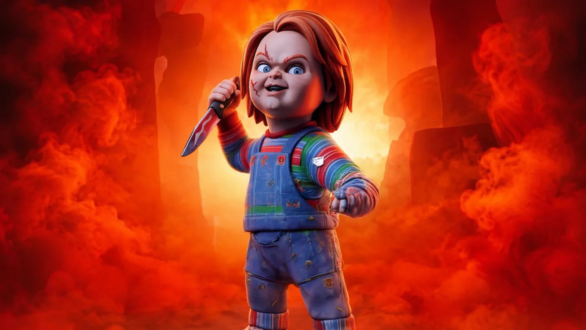 Chucky holds a knife while standing against a fiery red and orange background.