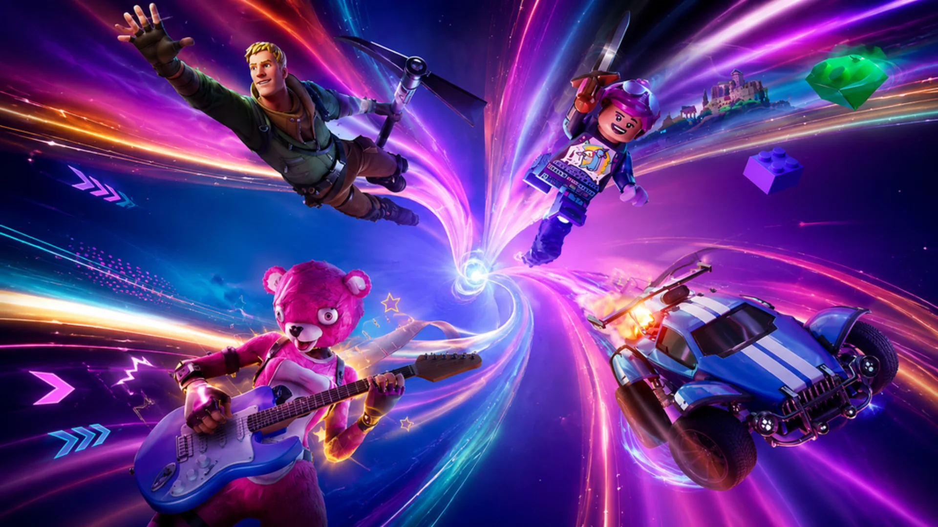 Fortnite artwork with a hero, pink bear character, LEGO minifigure, and Rocket League car flying through a neon rift.