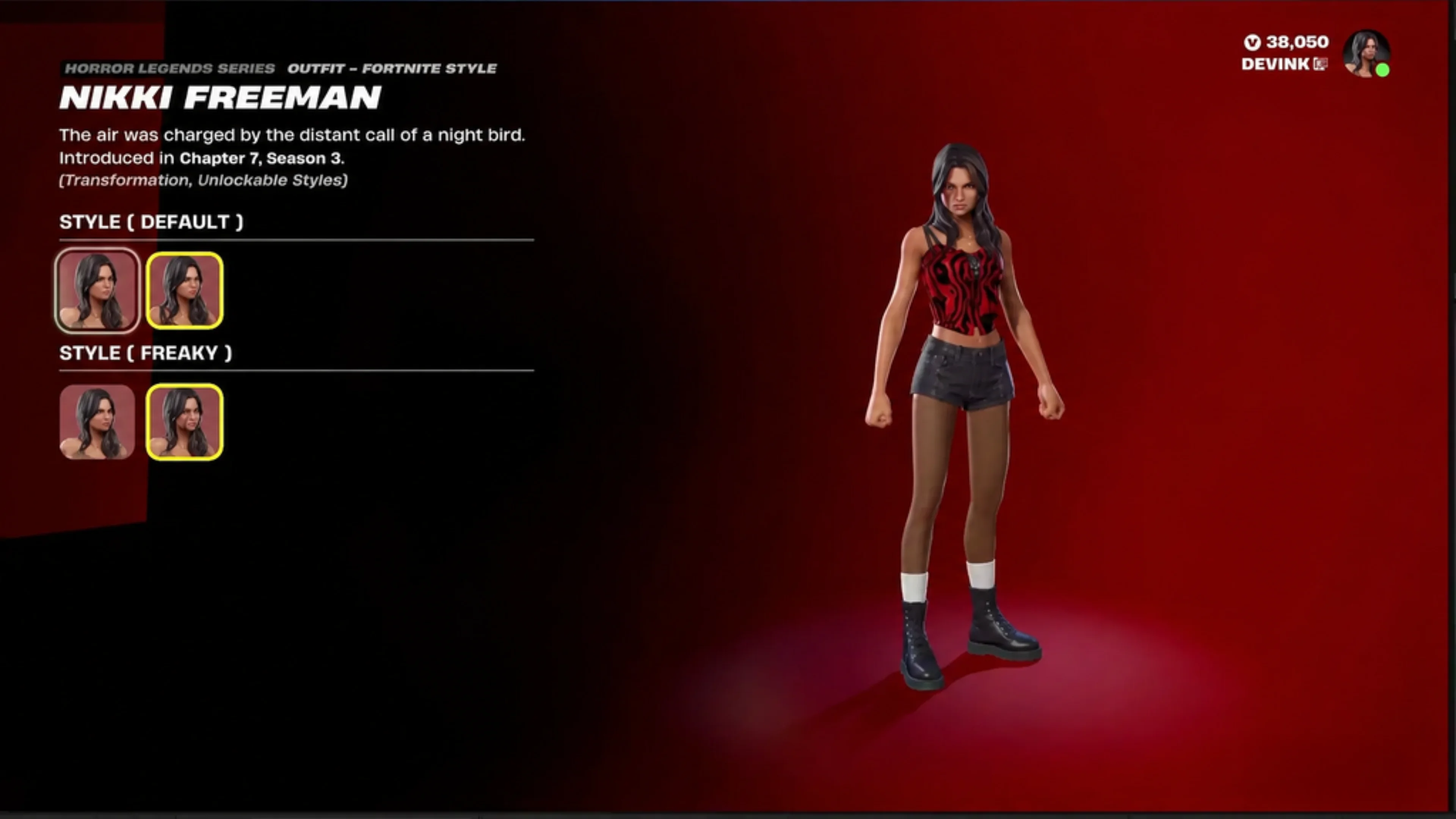 Fortnite Nikki Freeman outfit preview showing the character's red top, dark shorts and selectable Default and Freaky styles.