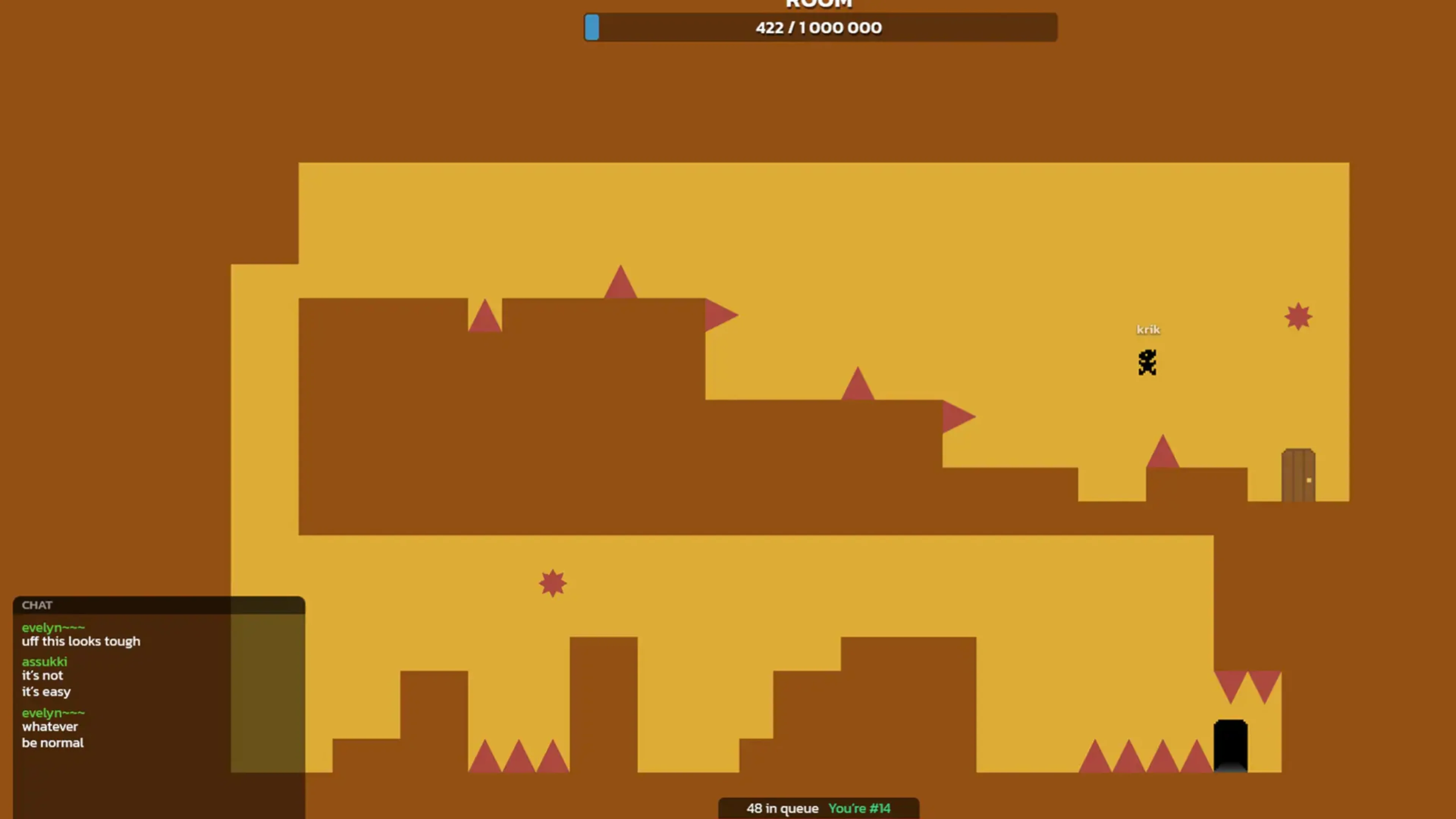 Jono gameplay shows a small character jumping over red spikes in an orange room, with the global queue on screen.