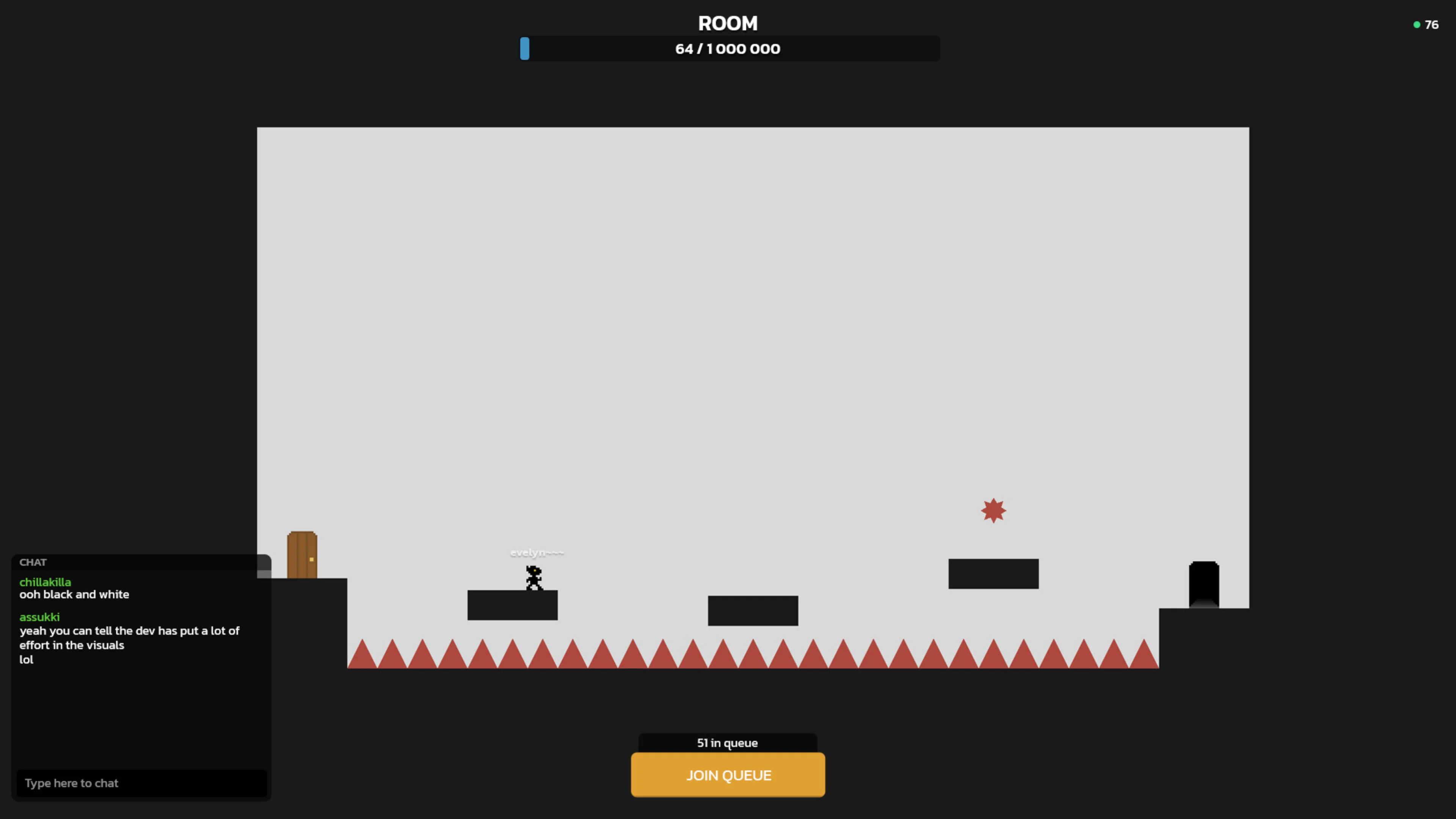 A Jono character stands on a platform above rows of spikes in a gray room with a Join Queue button below.