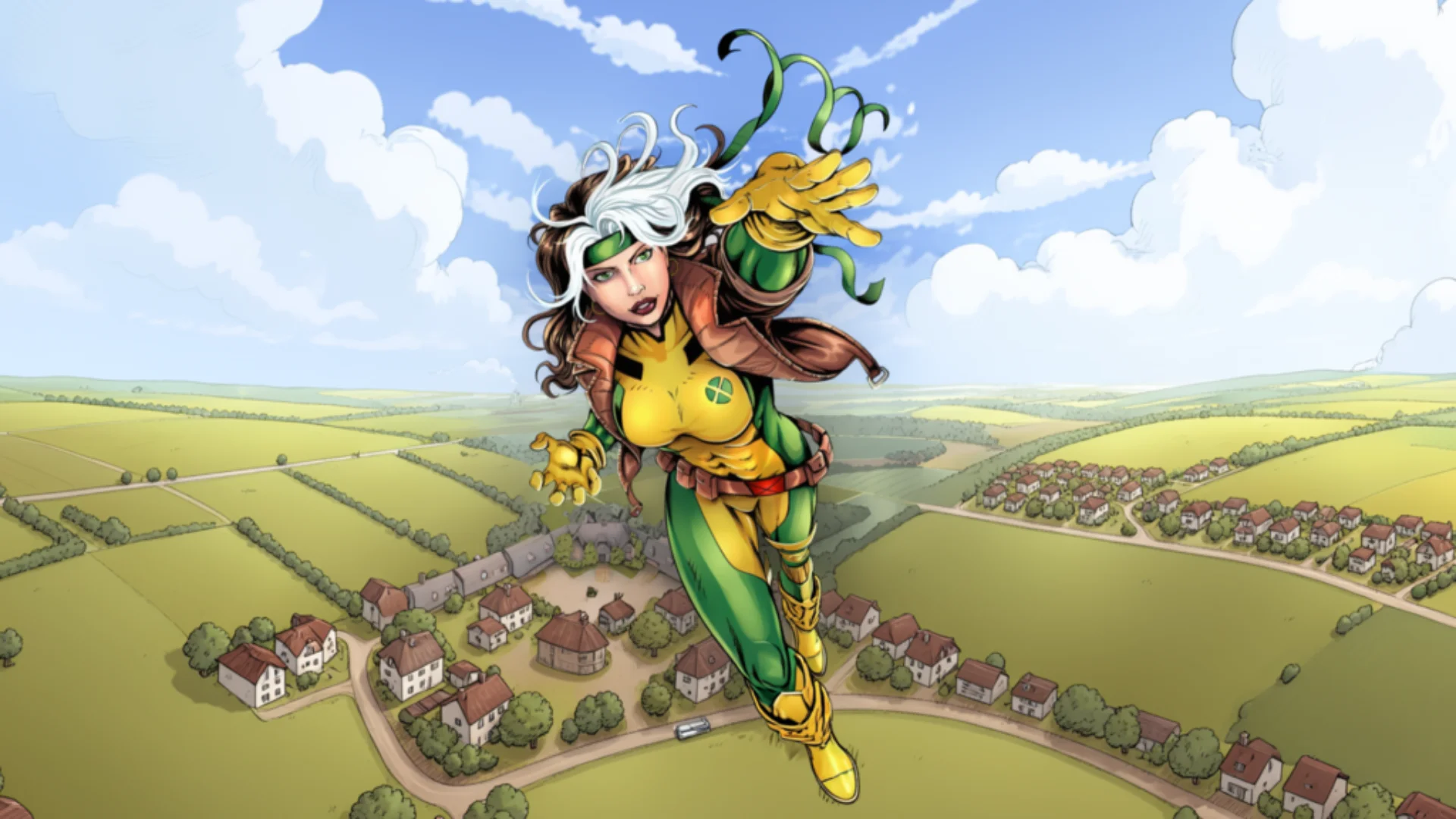 Rogue flies above a countryside in her classic green and yellow X-Men costume.
