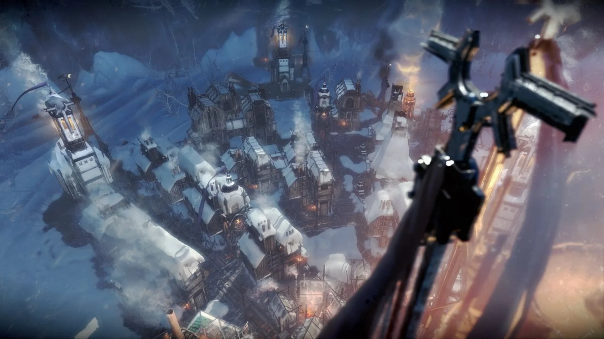 Frostpunk gameplay shows a generator surrounded by buildings in a snow-covered settlement at minus 20 degrees.