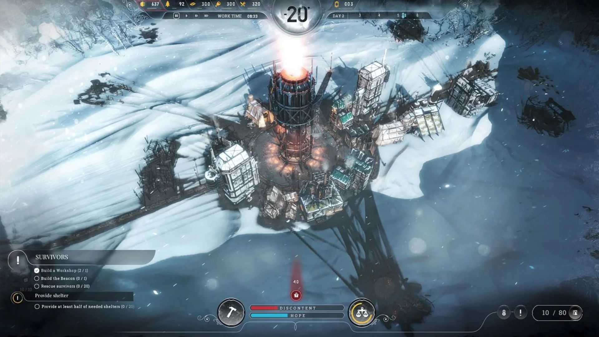 A large Frostpunk city filled with snow-covered buildings and smoking chimneys in the frozen landscape.
