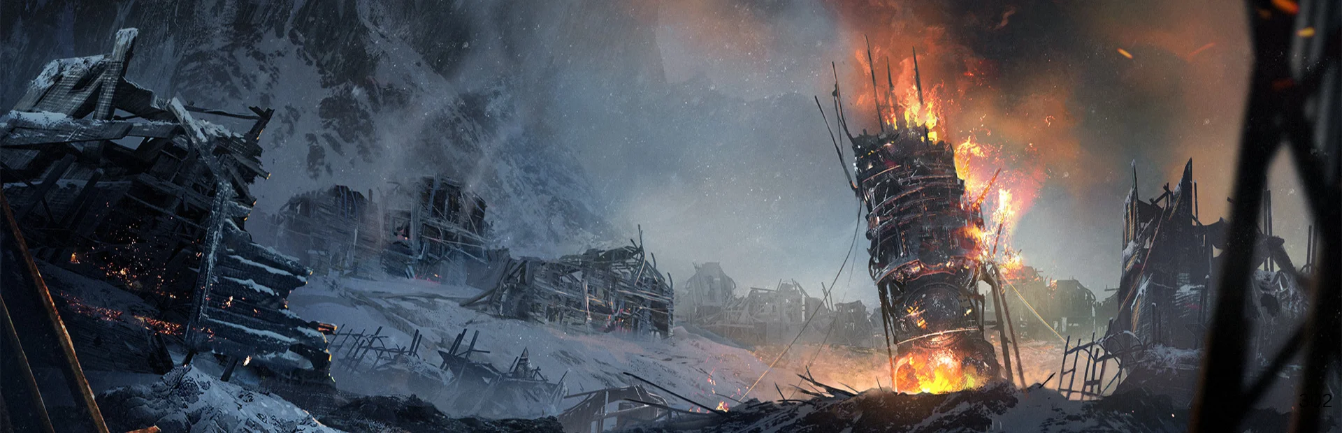 A Frostpunk generator burns brightly among ruined buildings during a snowstorm.