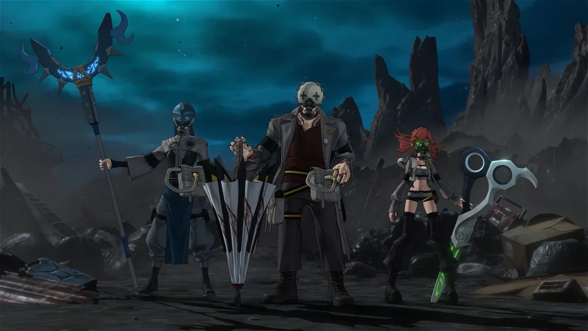 Three masked characters carrying distinctive weapons stand together in Gachiakuta: Breakout.
