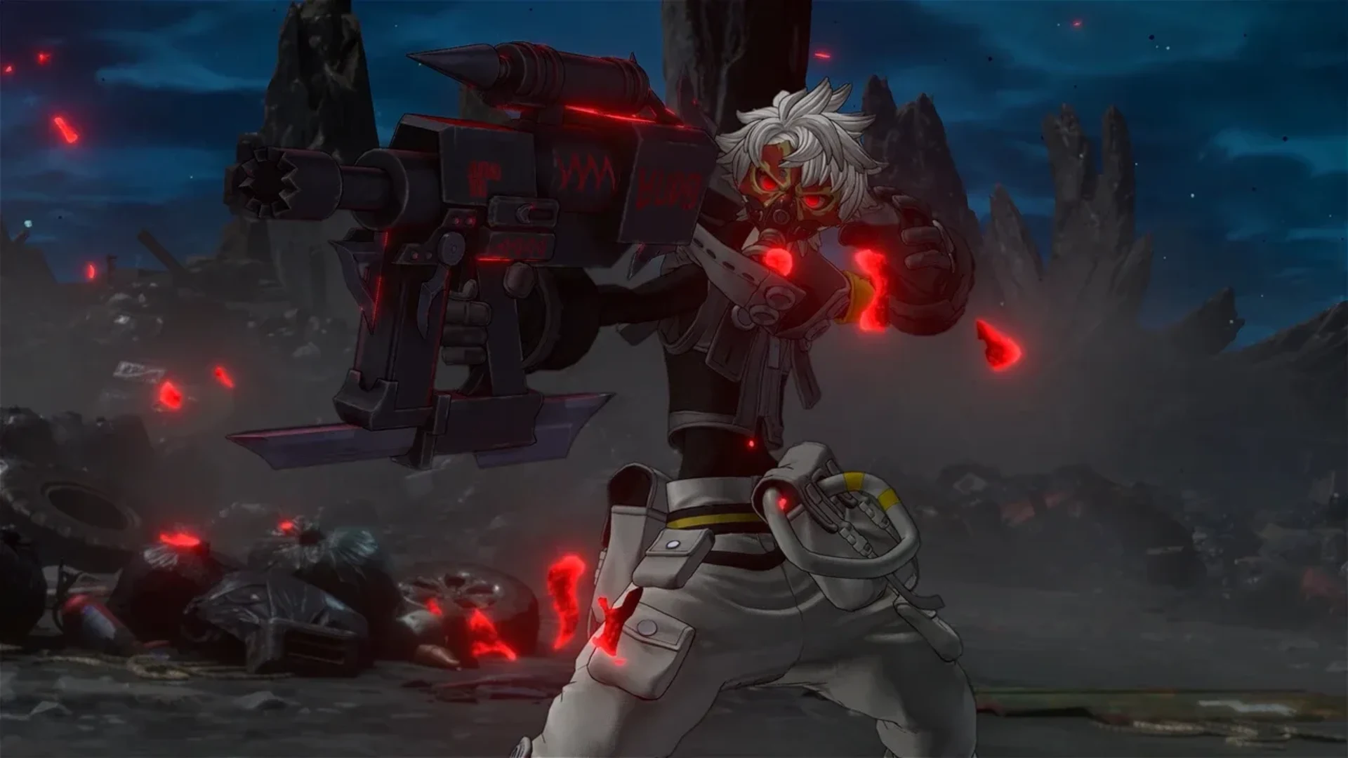 Rudo carries a large weapon surrounded by red energy in Gachiakuta: Breakout.