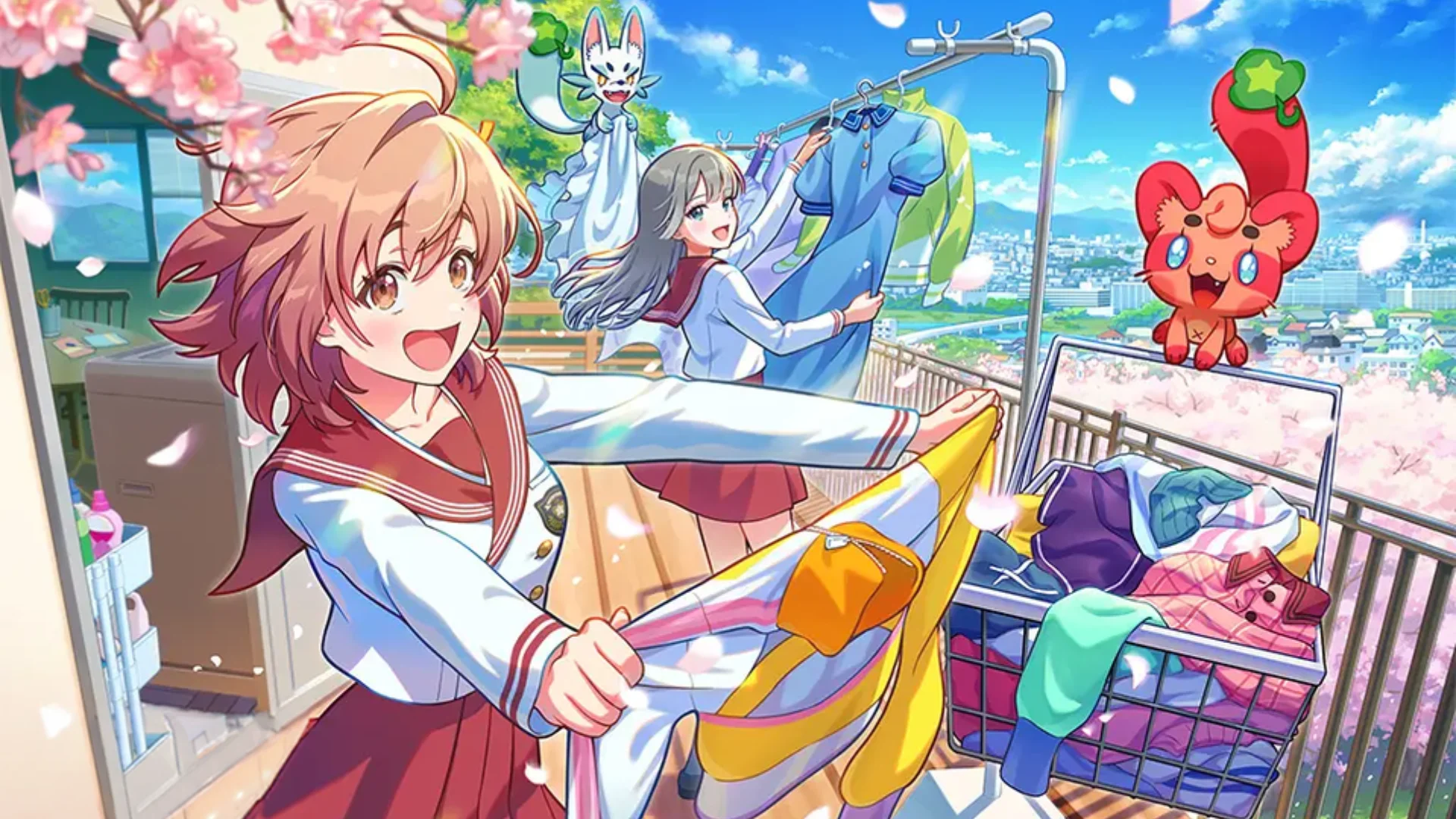 Two schoolgirls handle laundry outdoors with Kumorin companions under cherry blossoms in Ame Nochi Hare Onna.