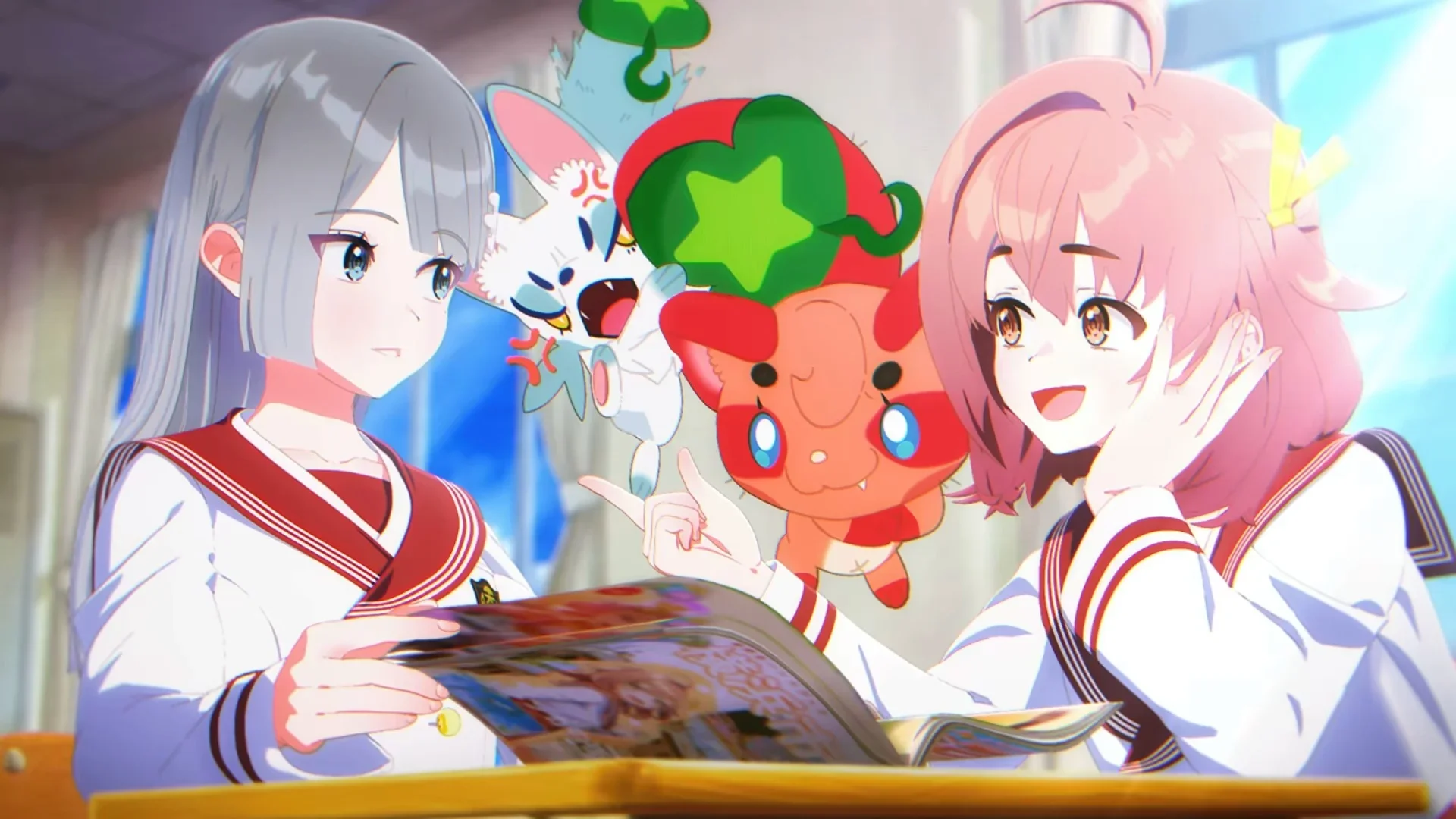 Two schoolgirls sit with a magazine as red and white Kumorin companions float between them in Ame Nochi Hare Onna.