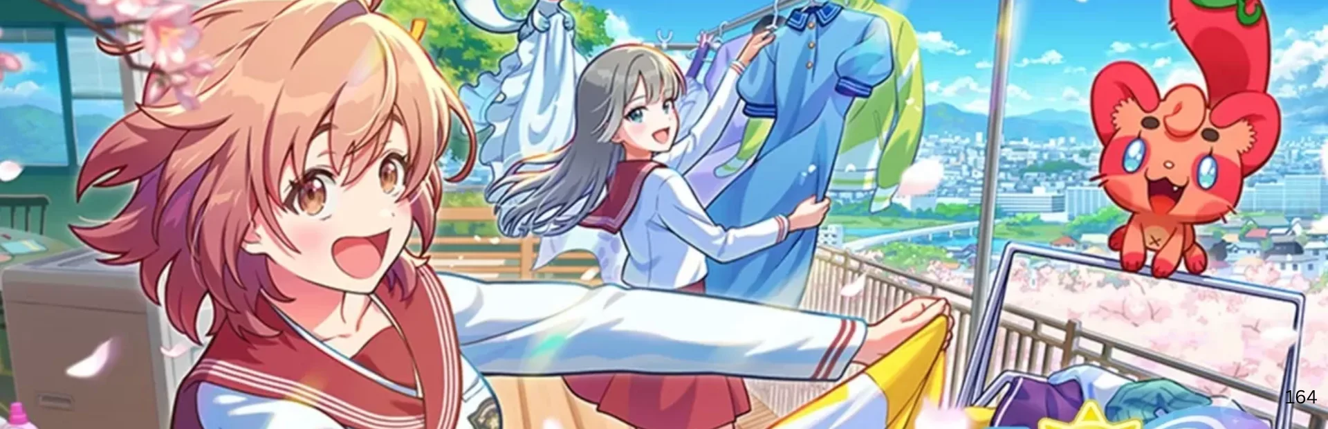 Wide Ame Nochi Hare Onna artwork shows a girl carrying clothes as another hangs laundry beside a Kumorin.