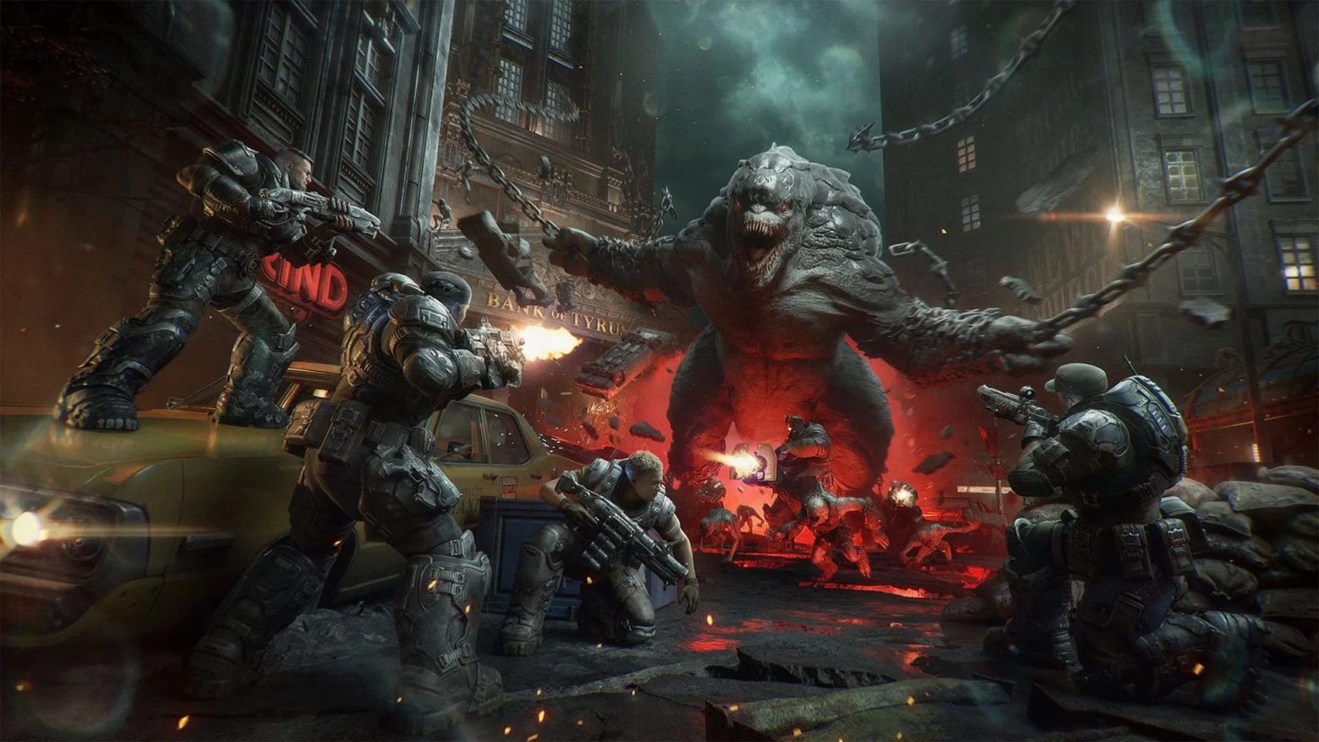 Gears soldiers fire at a massive Locust creature surrounded by chains and red light in Gears of War: E-Day artwork.