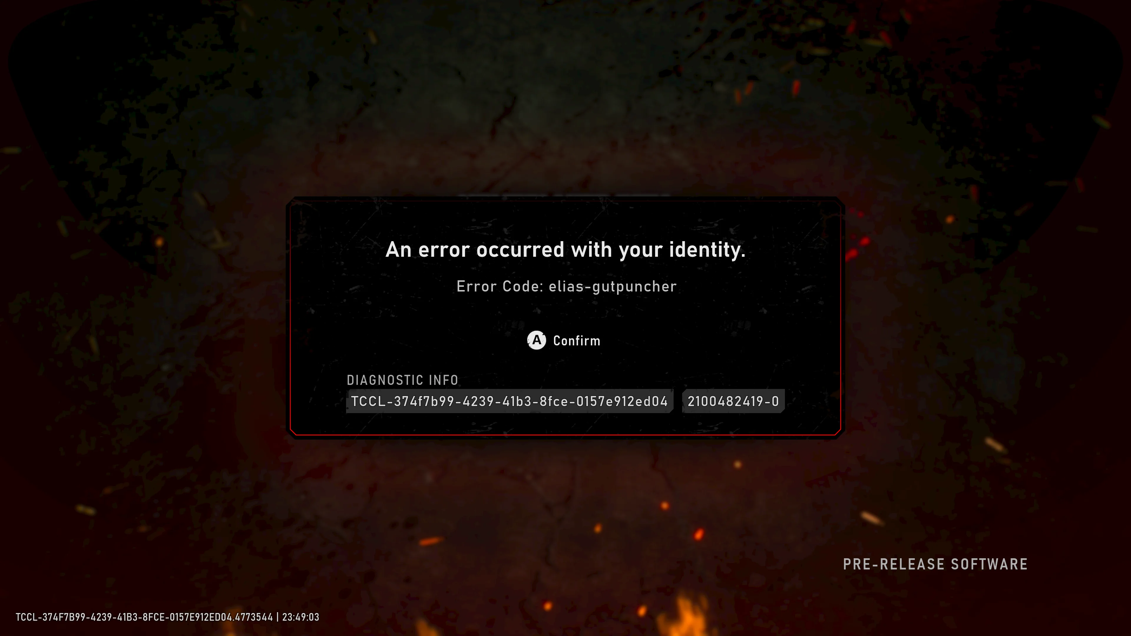 Gears of War: E-Day error screen displays an identity verification failure with error code elias-gutpuncher.