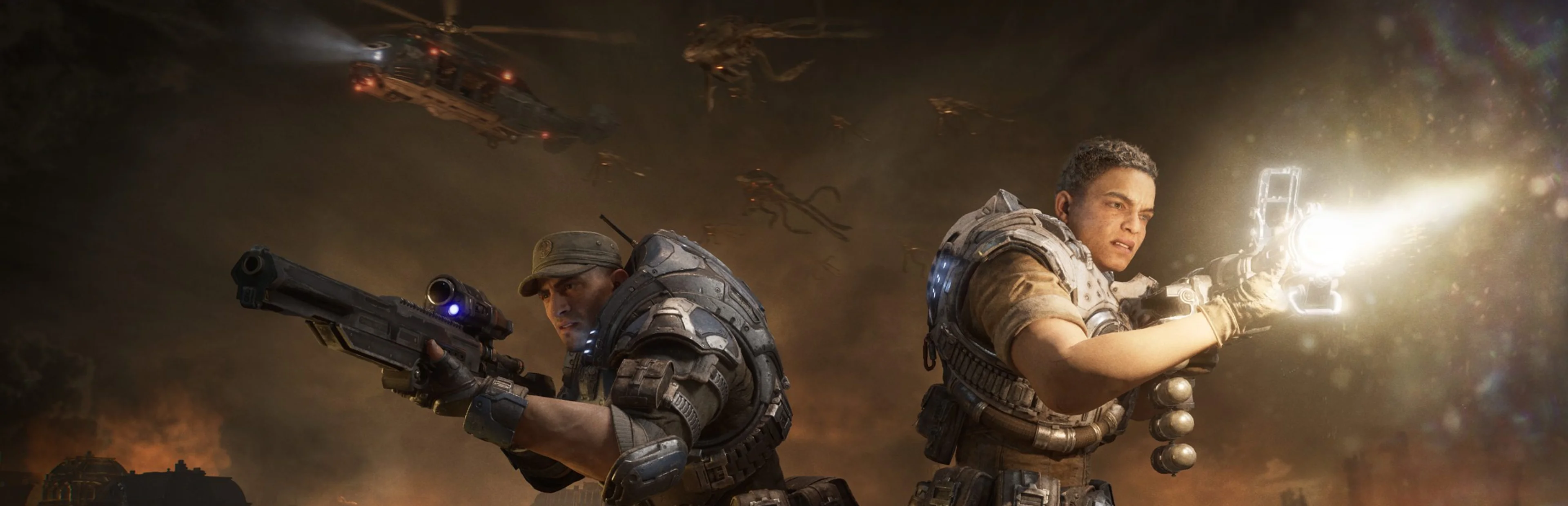 Two armored Gears of War: E-Day soldiers aim their weapons as military helicopters and looming creatures appear in the smoky background.