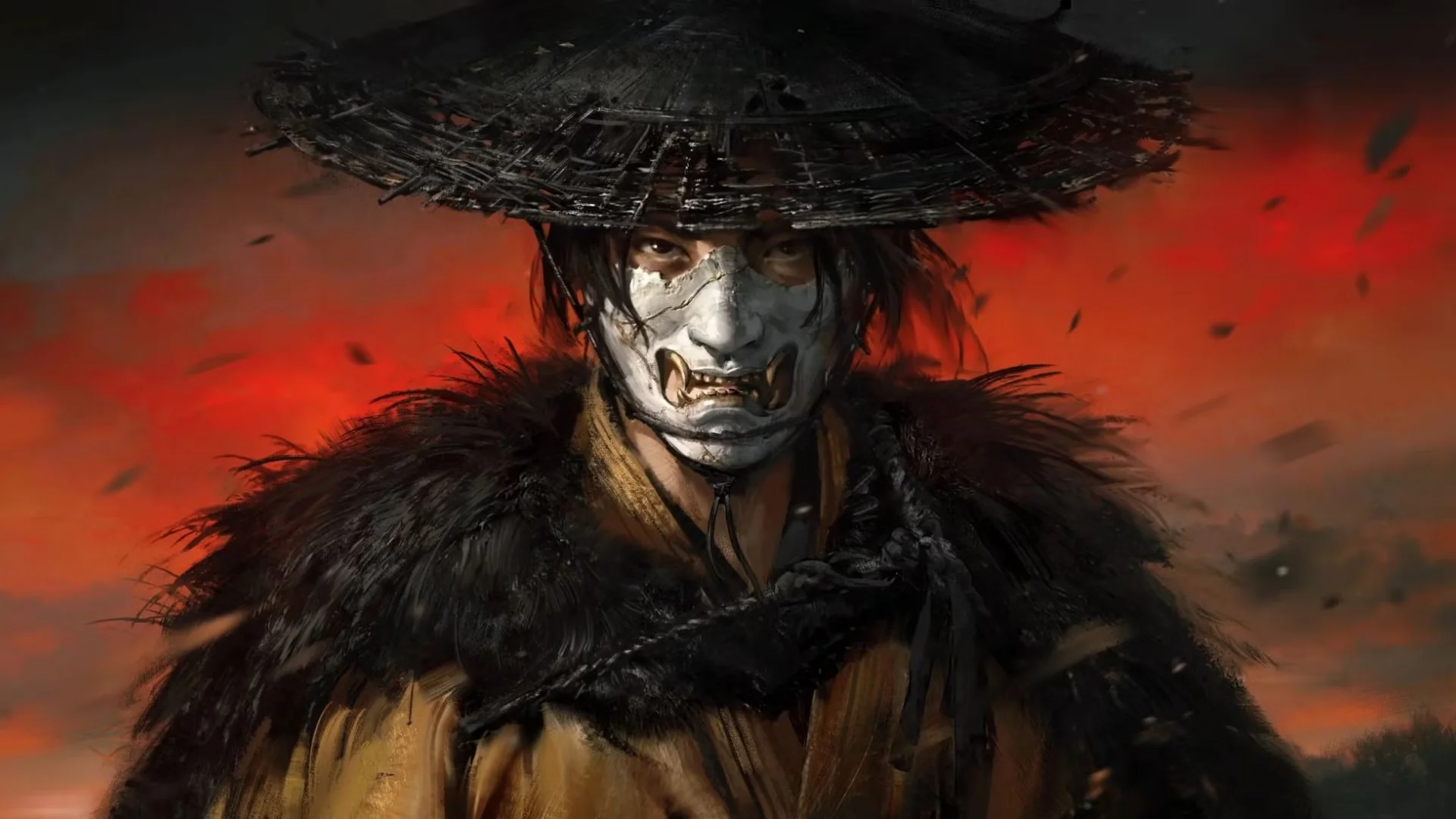 Ghost of Yōtei character wearing a mask and traditional armor against a red background