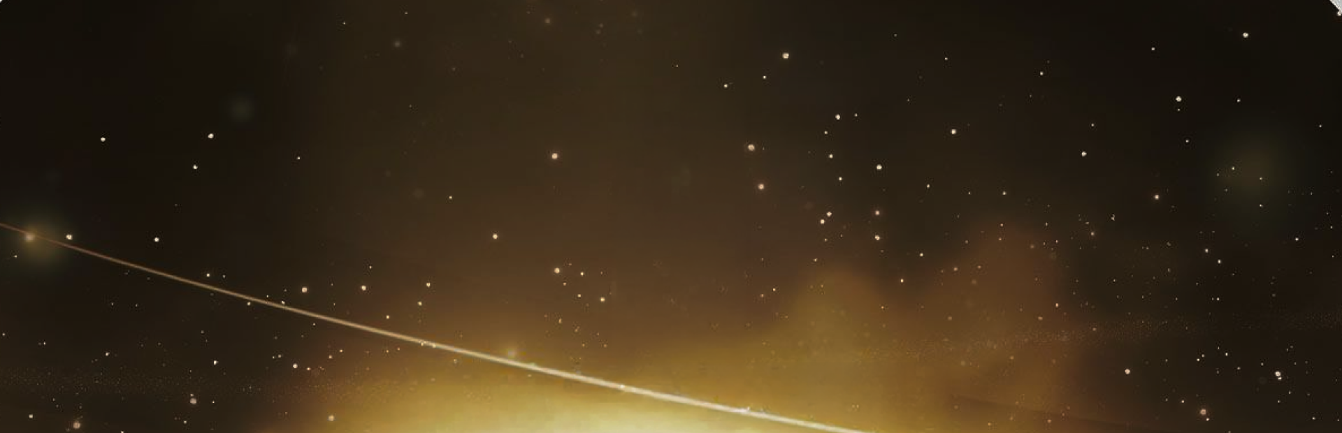 Bright golden light fills a dark stage-like scene surrounded by small points of light.