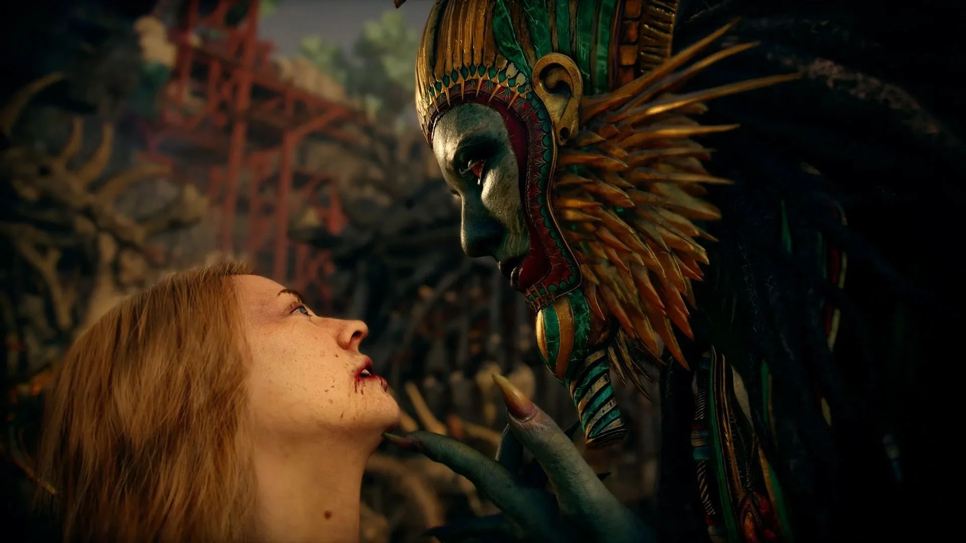 Faye looks up at a towering masked figure wearing an elaborate feathered headdress in God of War Laufey.