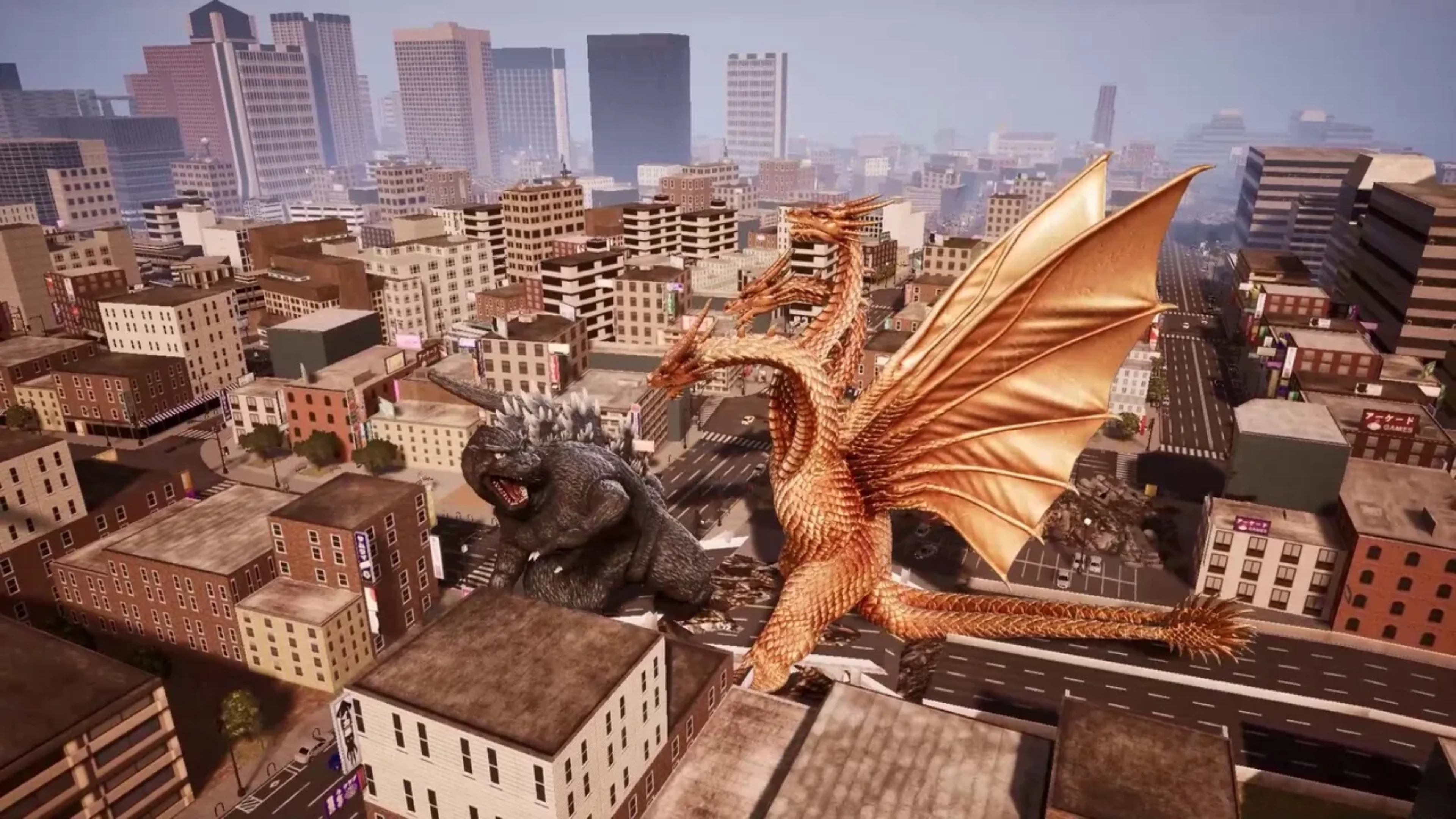 Godzilla roars between tall city buildings during gameplay in Godzilla: Destroy All Monsters Melee Remastered.