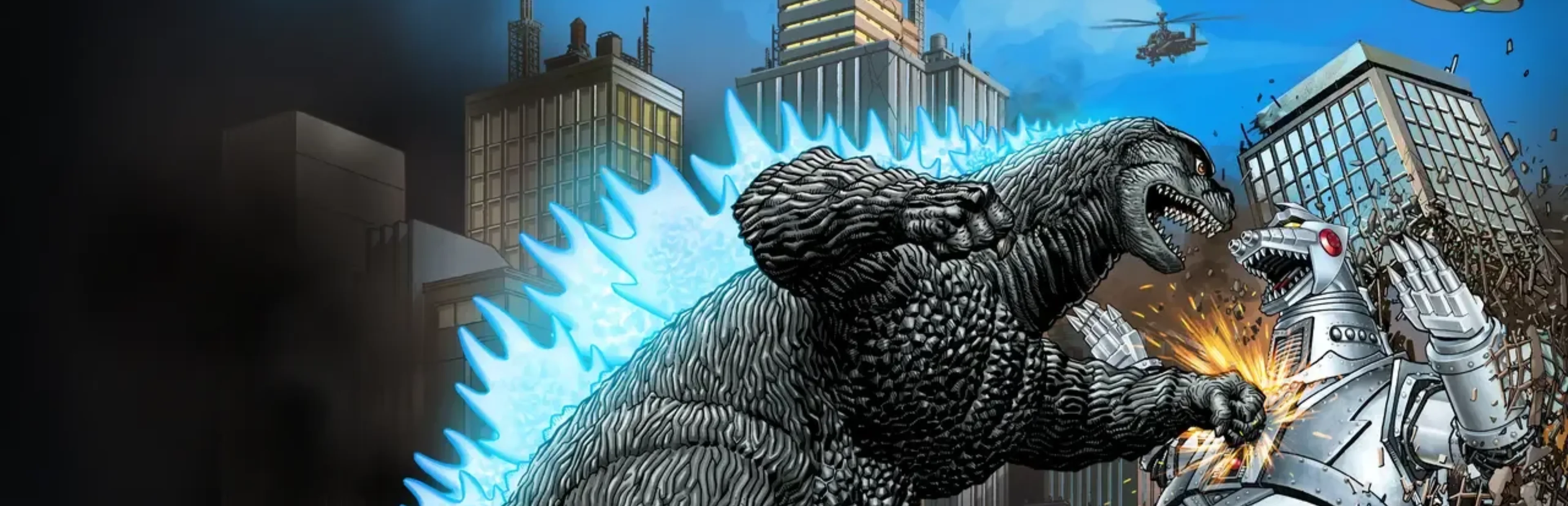 Godzilla and the three-headed King Ghidorah battle among skyscrapers in Godzilla: Destroy All Monsters Melee Remastered.