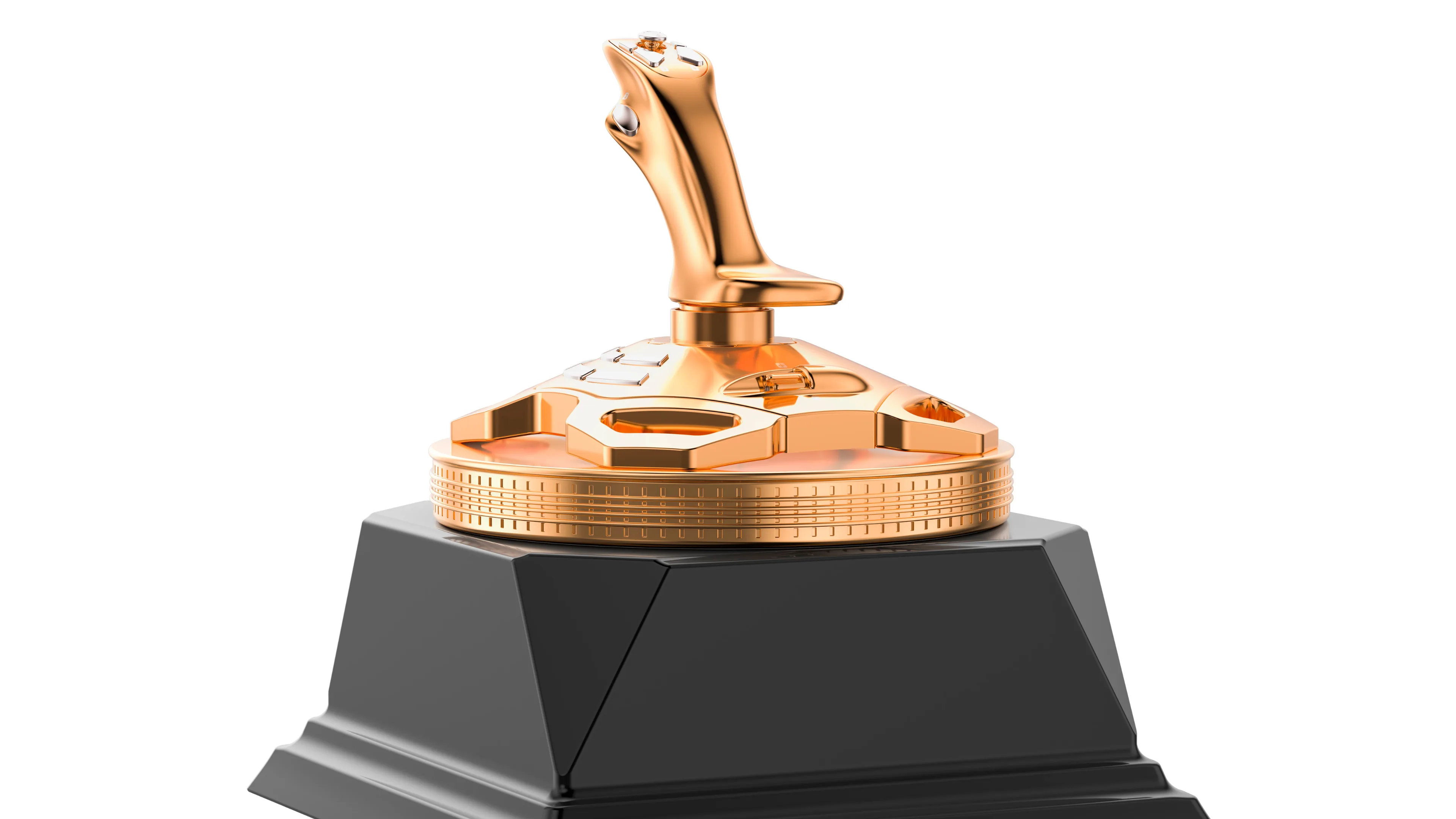 Golden Joystick Awards trophy featuring a gold joystick mounted on a circular base above a black pedestal.