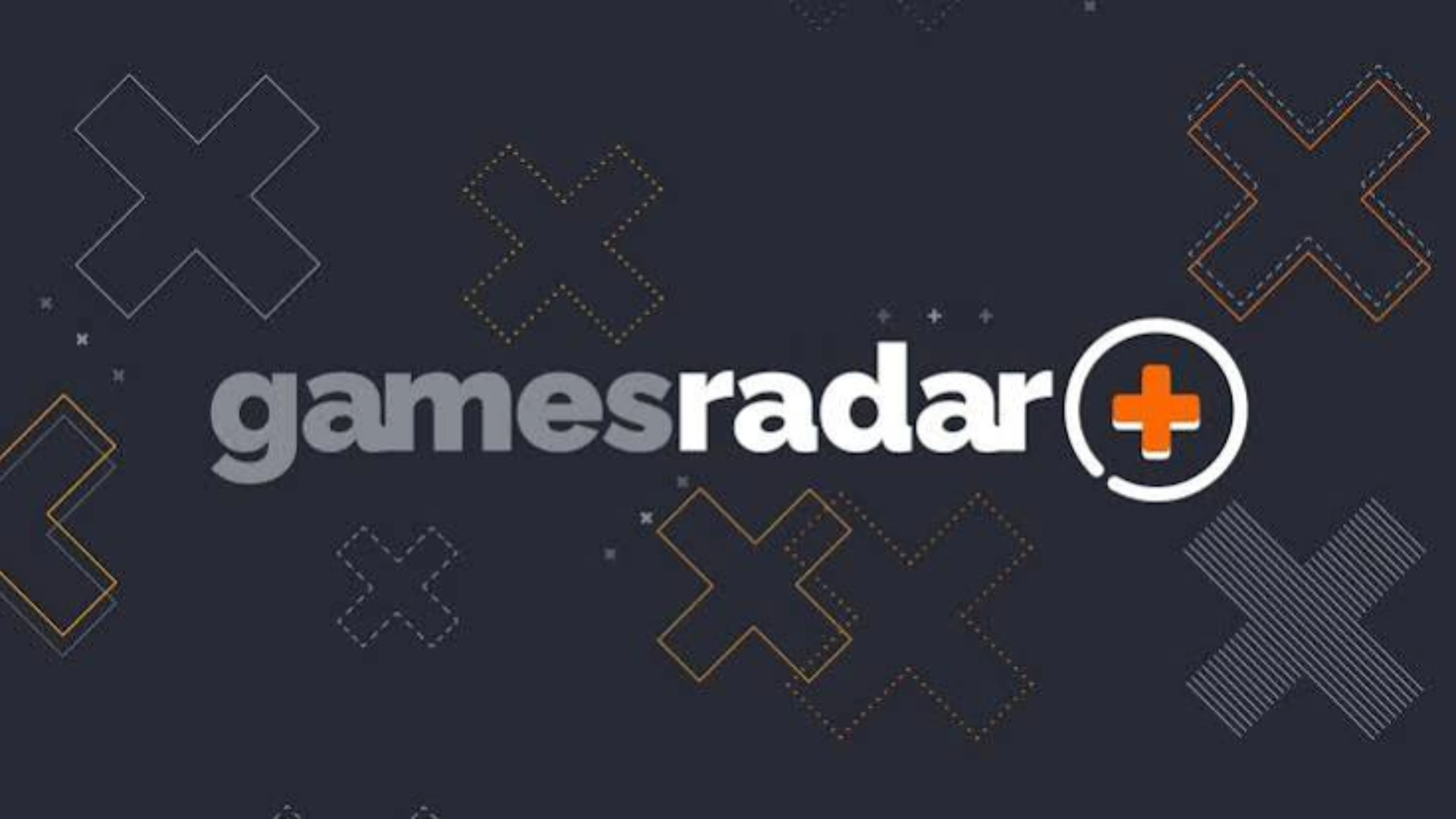 GamesRadar+ logo with gray and white lettering, an orange plus symbol and decorative geometric shapes on a dark background.