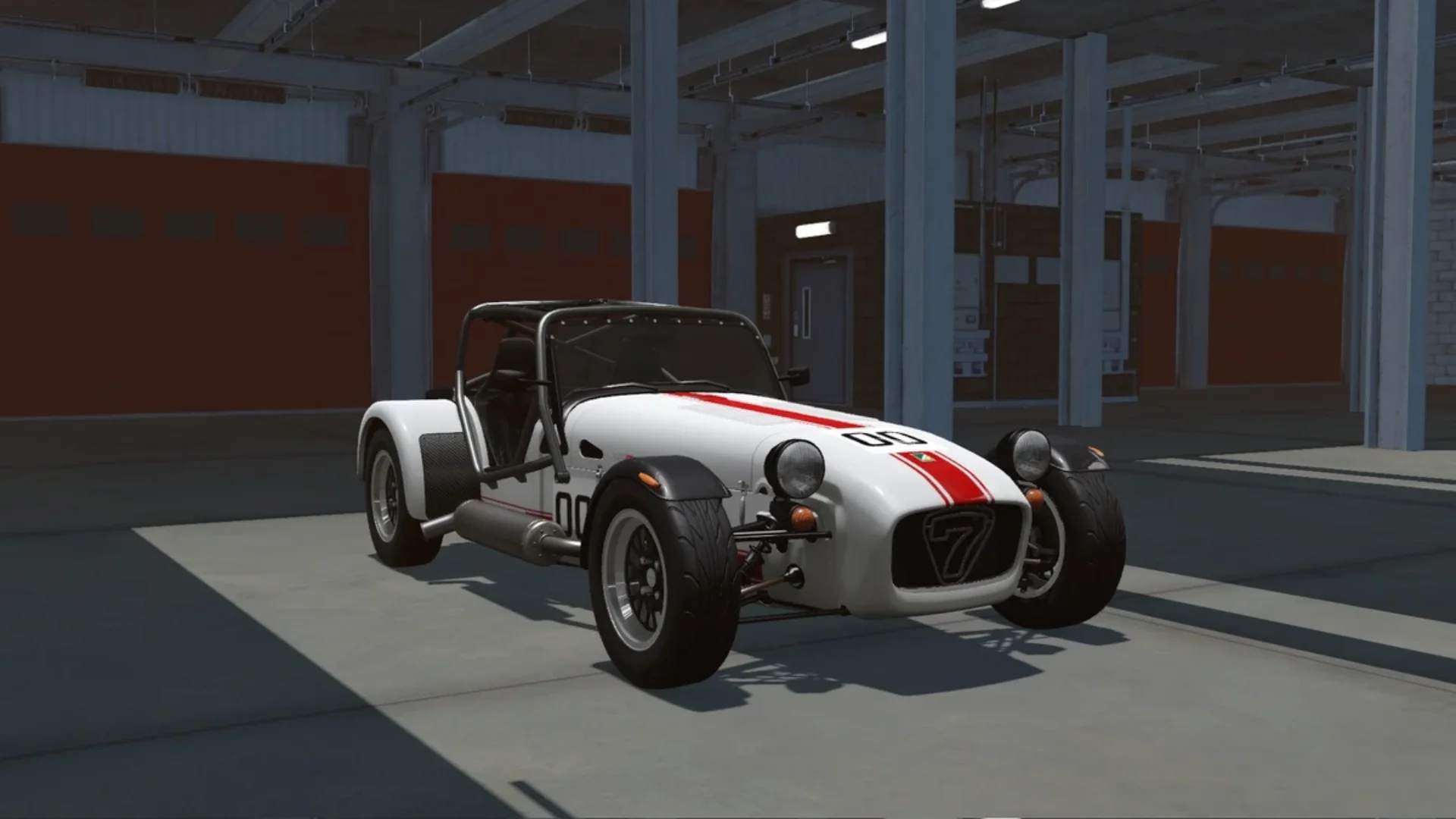 A white Caterham Seven with red racing stripes is parked inside a garage in Gran Turismo 7.