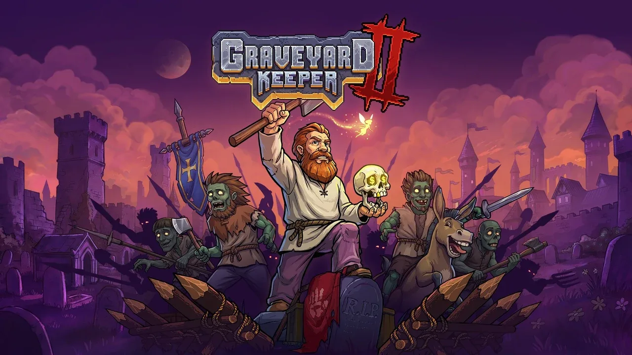 Graveyard Keeper 2 artwork shows a bearded man raising a shovel and holding a glowing skull, surrounded by zombies and a donkey.