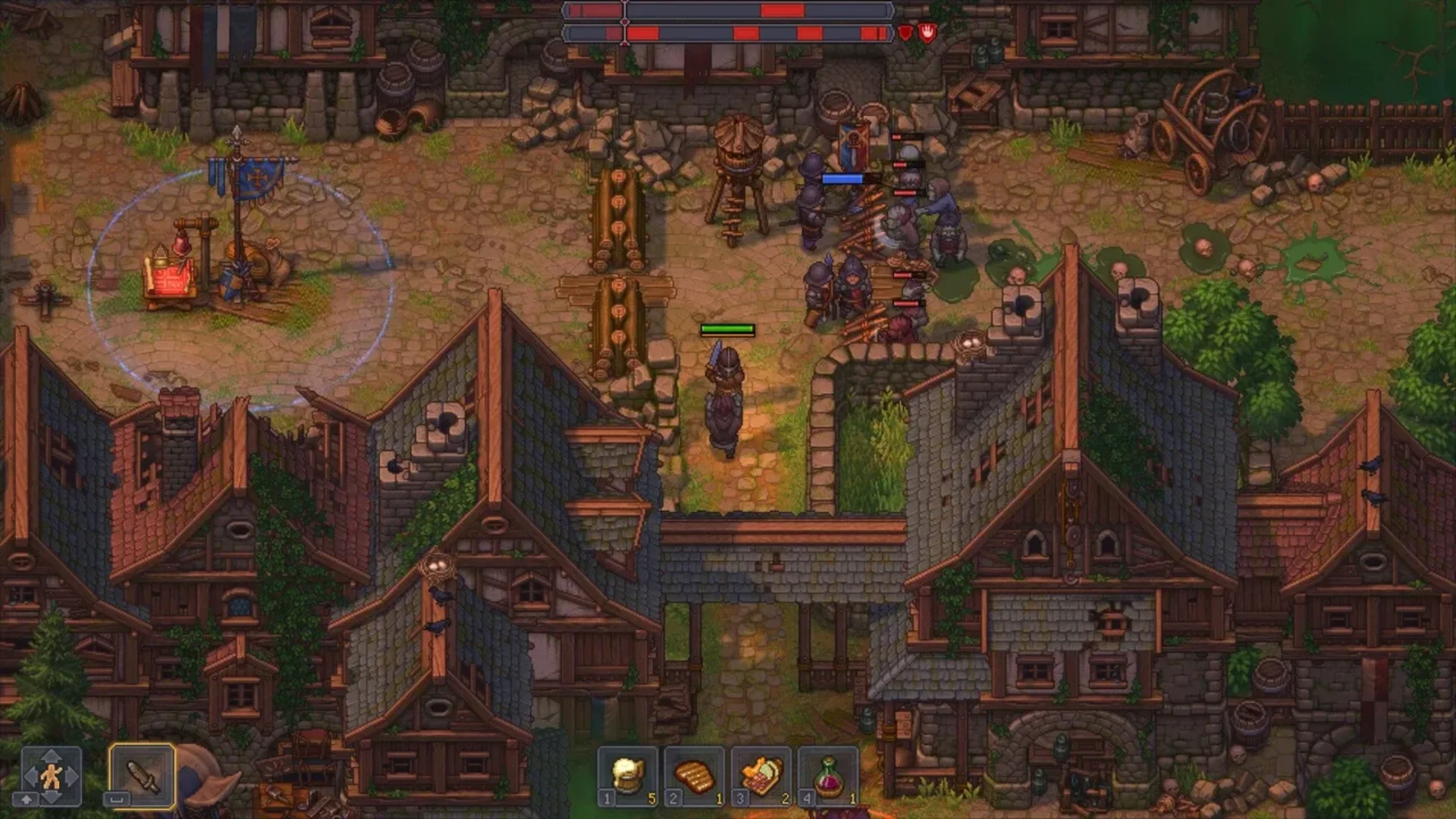 A Graveyard Keeper 2 character approaches a group of fighters battling near barricades inside a medieval town.