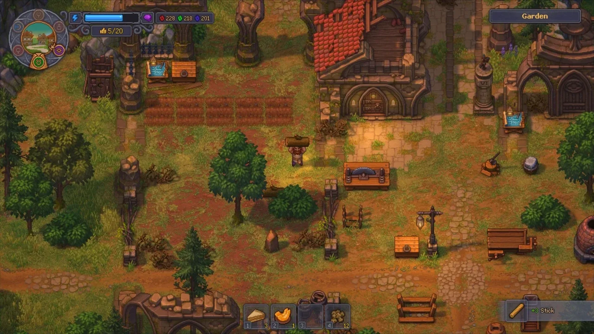 A Graveyard Keeper 2 character stands beside garden plots, trees, buildings, crafting stations, and storage chests.