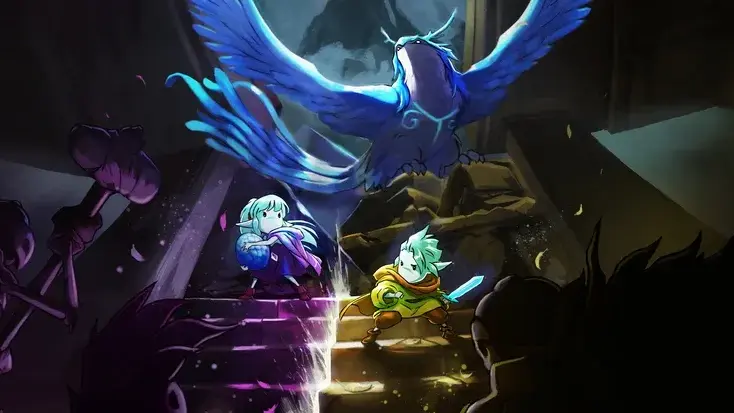Greak and Adara standing beneath a large blue bird in the hand-drawn world of Greak 2: Alliance of the Storms.