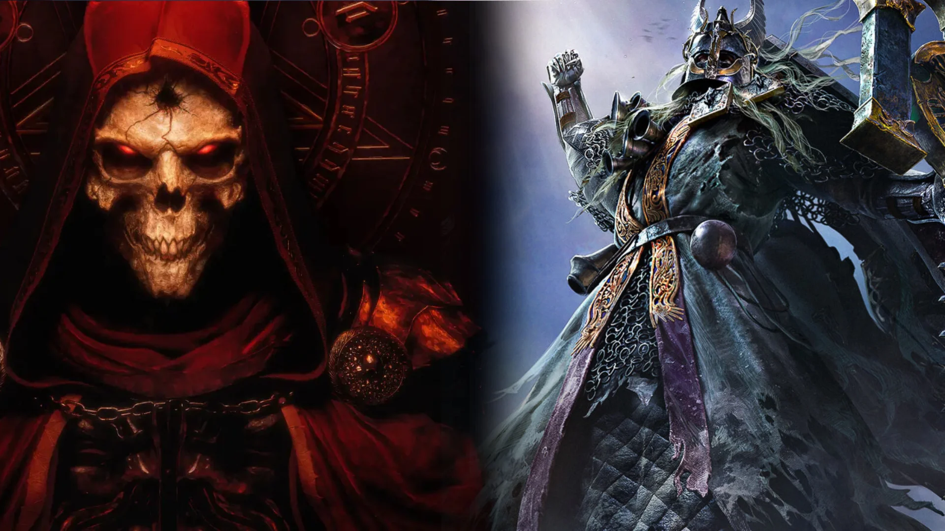 A demonic face surrounded by glowing red symbols in Diablo artwork.