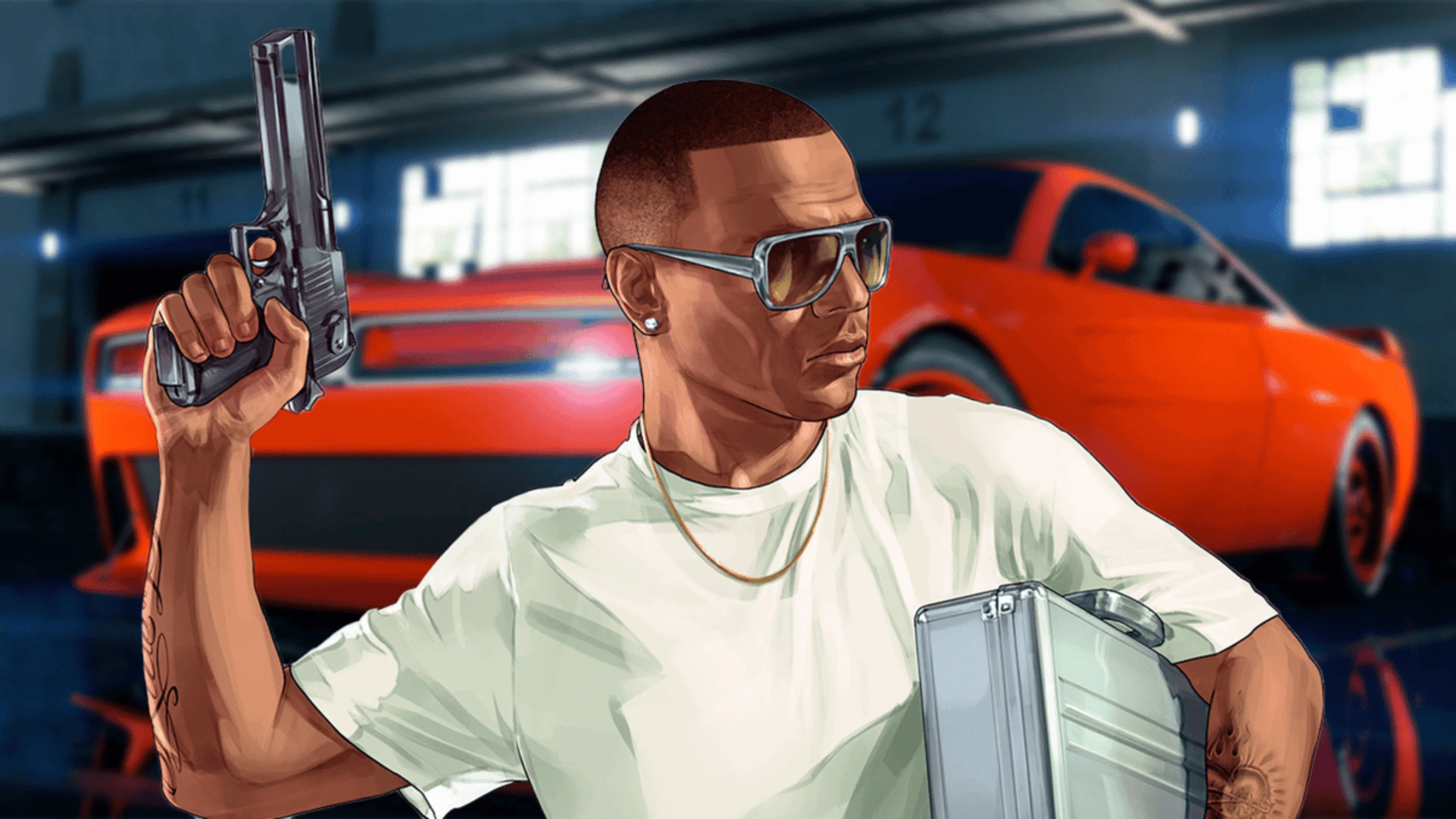 Franklin Clinton wears sunglasses and holds a handgun beside a silver briefcase, with orange sports cars behind him.