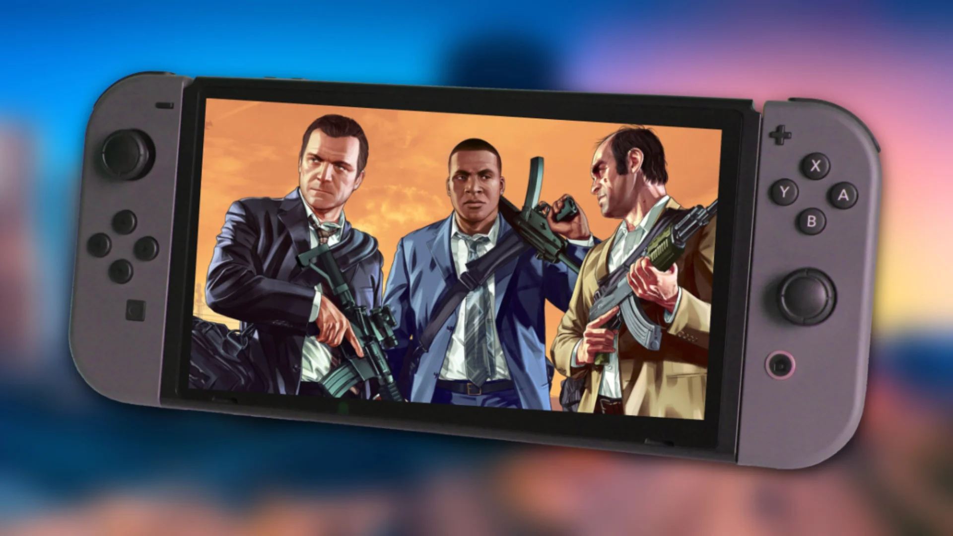 Nintendo Switch displays Grand Theft Auto V artwork featuring Michael, Franklin and Trevor on its screen.