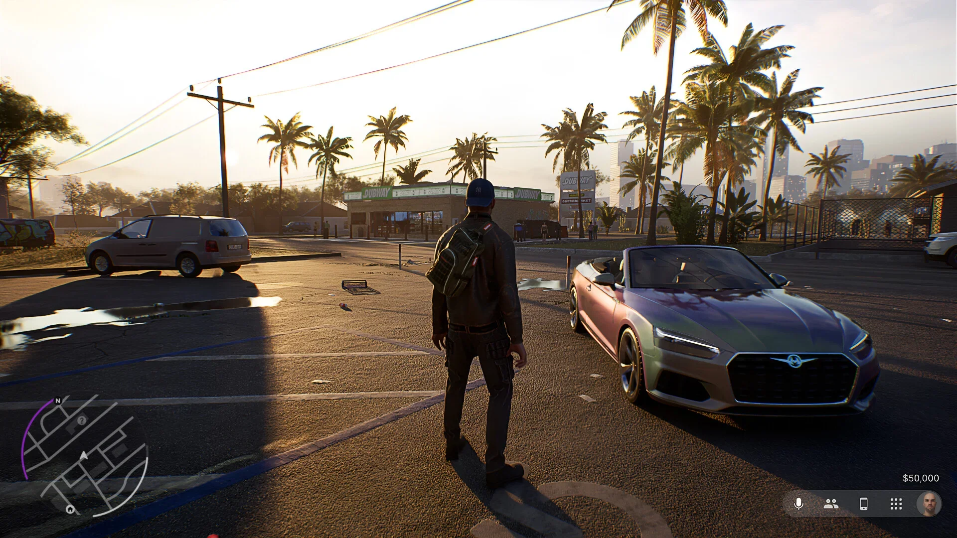 A third-person character stands beside a silver convertible in a palm-lined parking lot with a minimap and interface visible.