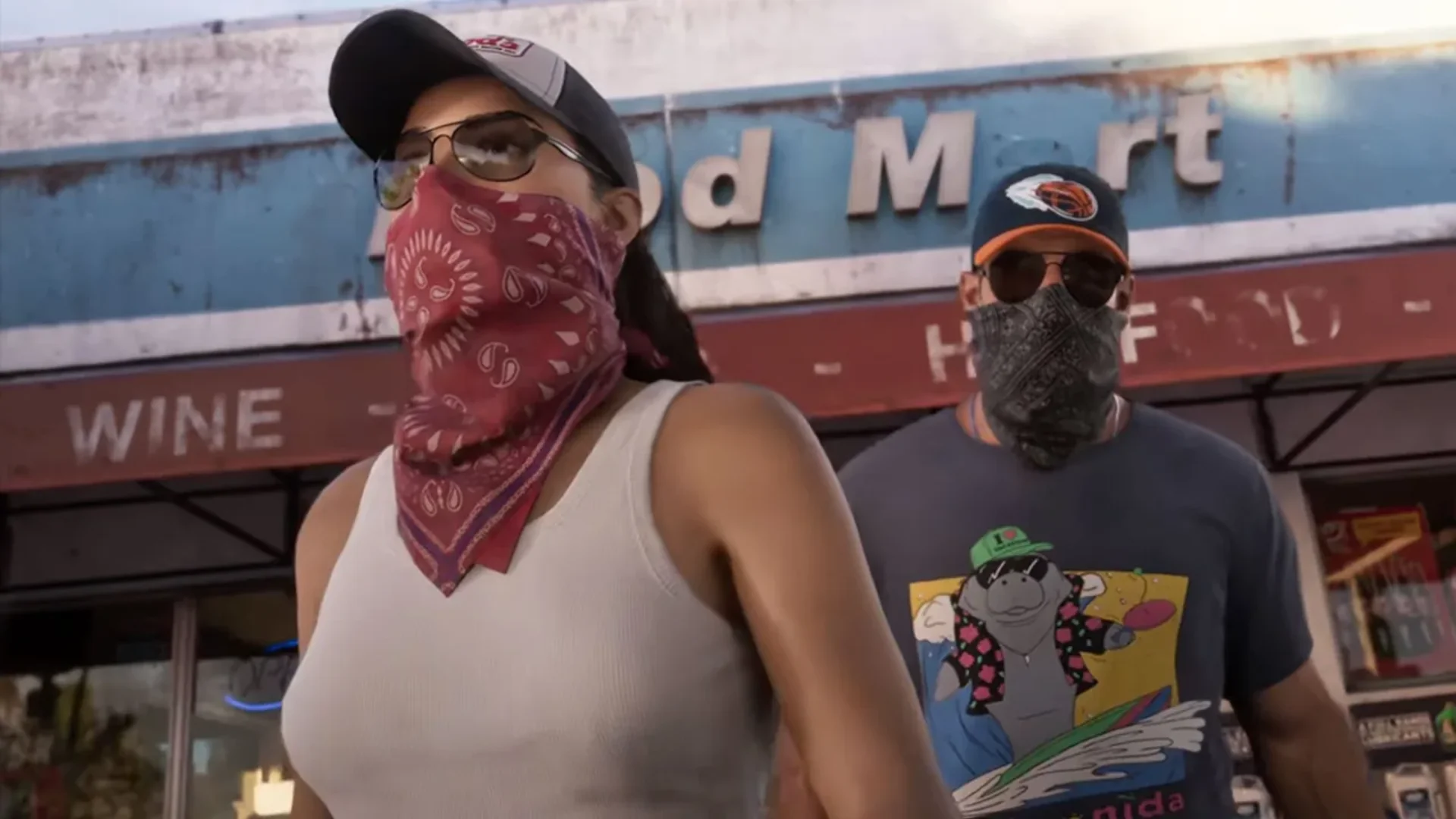 A woman in a cap and red bandana stands ahead of a man in sunglasses and a face covering outside a roadside store.