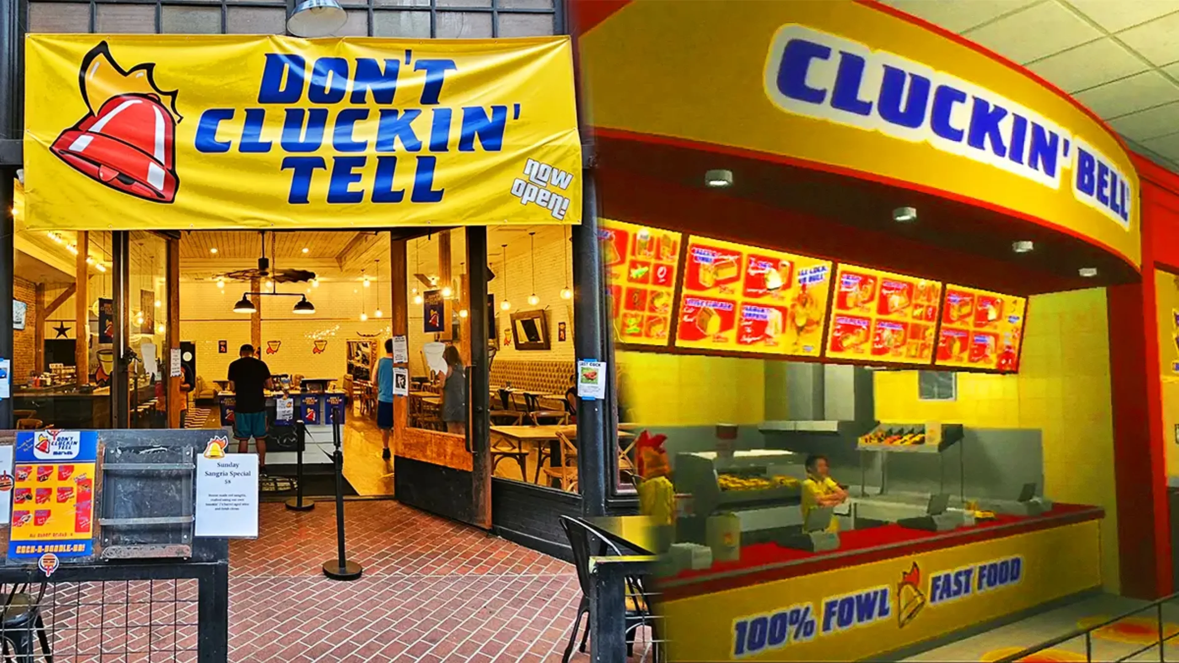 Side-by-side comparison of a real Cluckin' Bell-themed restaurant and the fictional fast-food chain from Grand Theft Auto.