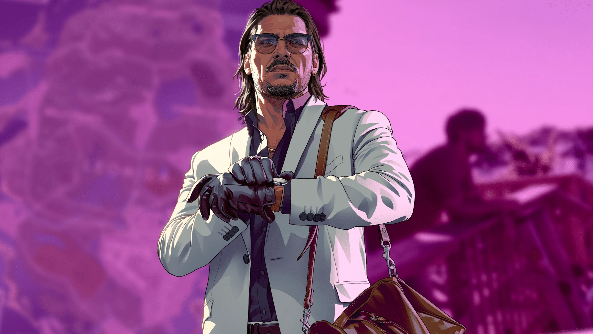 GTA 6 styled character wearing a white suit and gloves against a blurred pink Vice City background