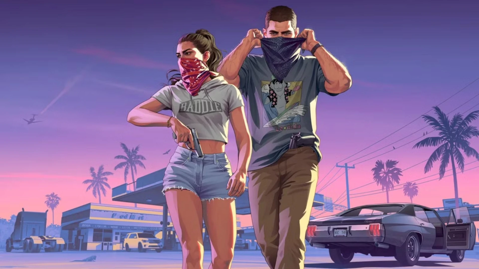 Lucia and Jason wearing bandanas and carrying guns outside a gas station in a GTA 6 styled illustration