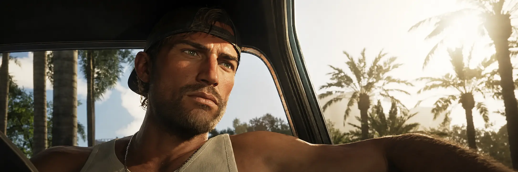 Jason from GTA VI driving a car around Vice City